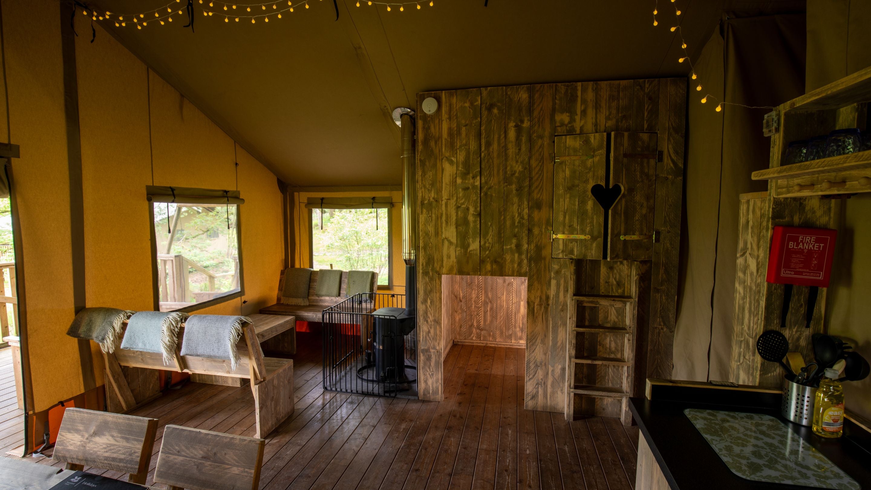 The interior of a safari tent at Low Wray Campsite, Cumbria
