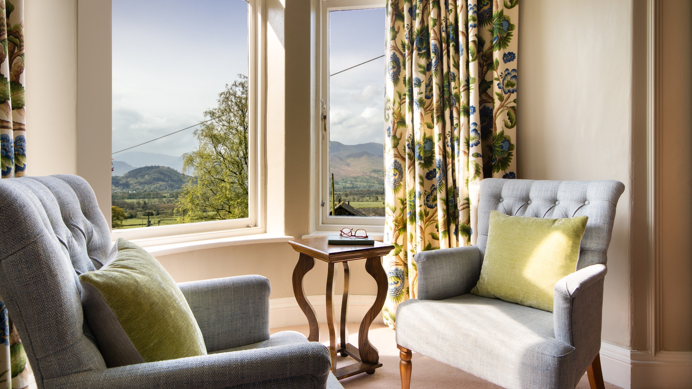 The view towards the Derwent Fells from the turret window of the first floor double bedroom at Millbeck Towers, Cumbria