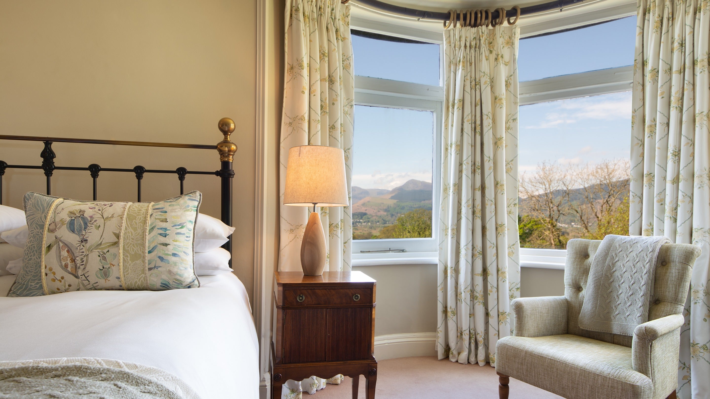 The view towards the Derwent Fells from the turret windows in one of the double bedrooms on the second floor at Millbeck Towers, Cumbria