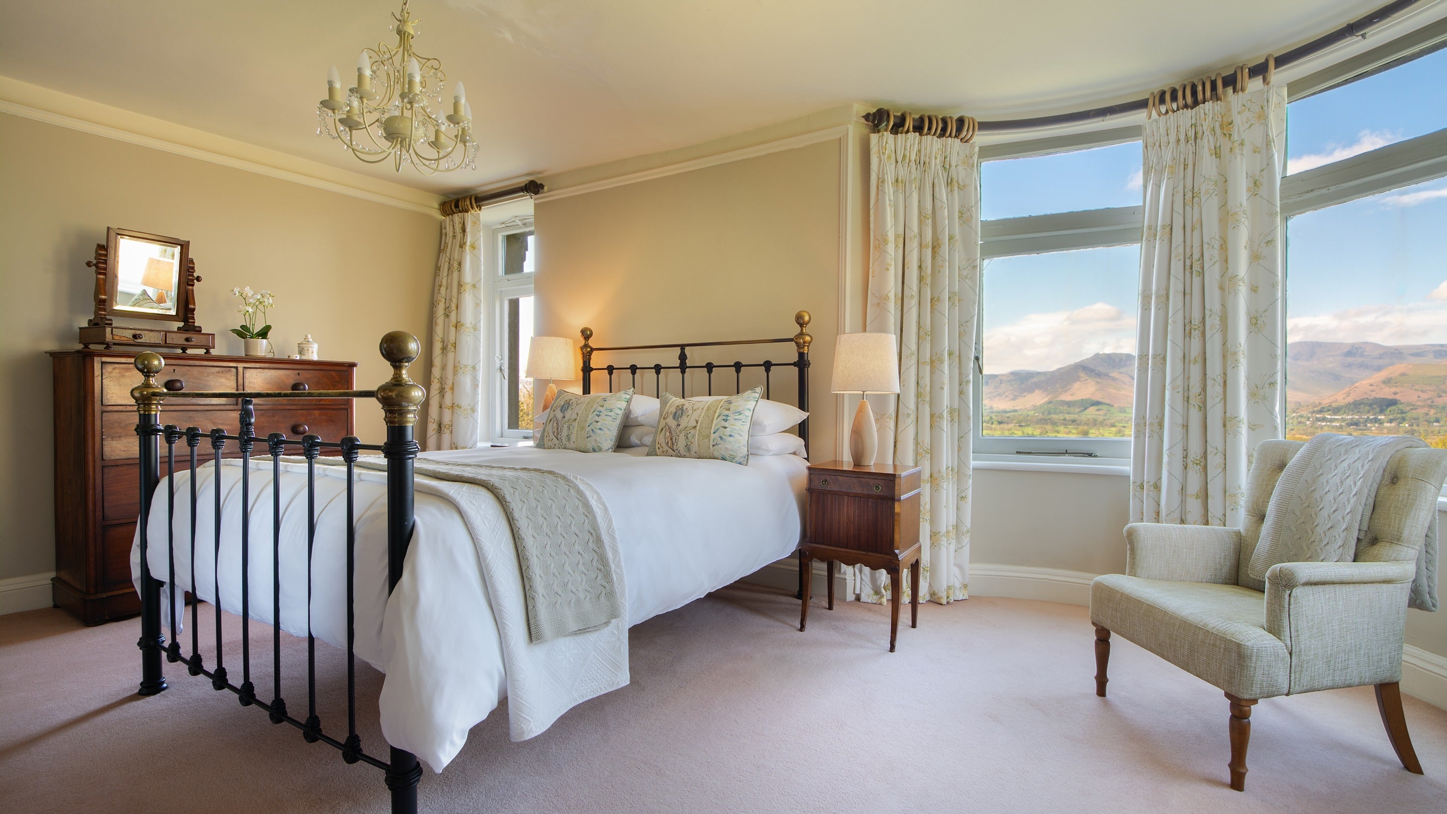 Double bedroom on the second floor at Millbeck Towers, with views towards the Derwent Fells, Cumbria