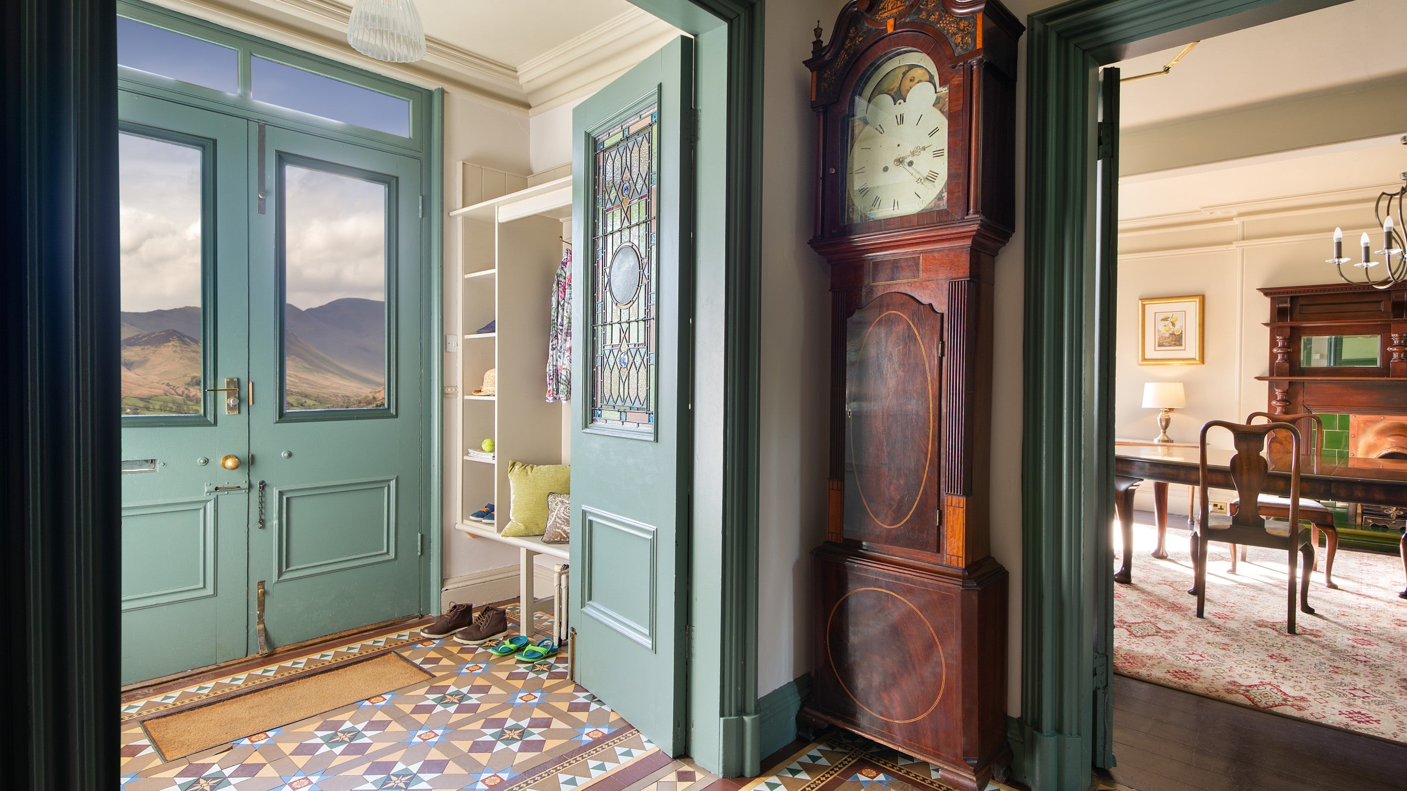 The entrance hall and dining room at Millbeck Towers, Cumbria