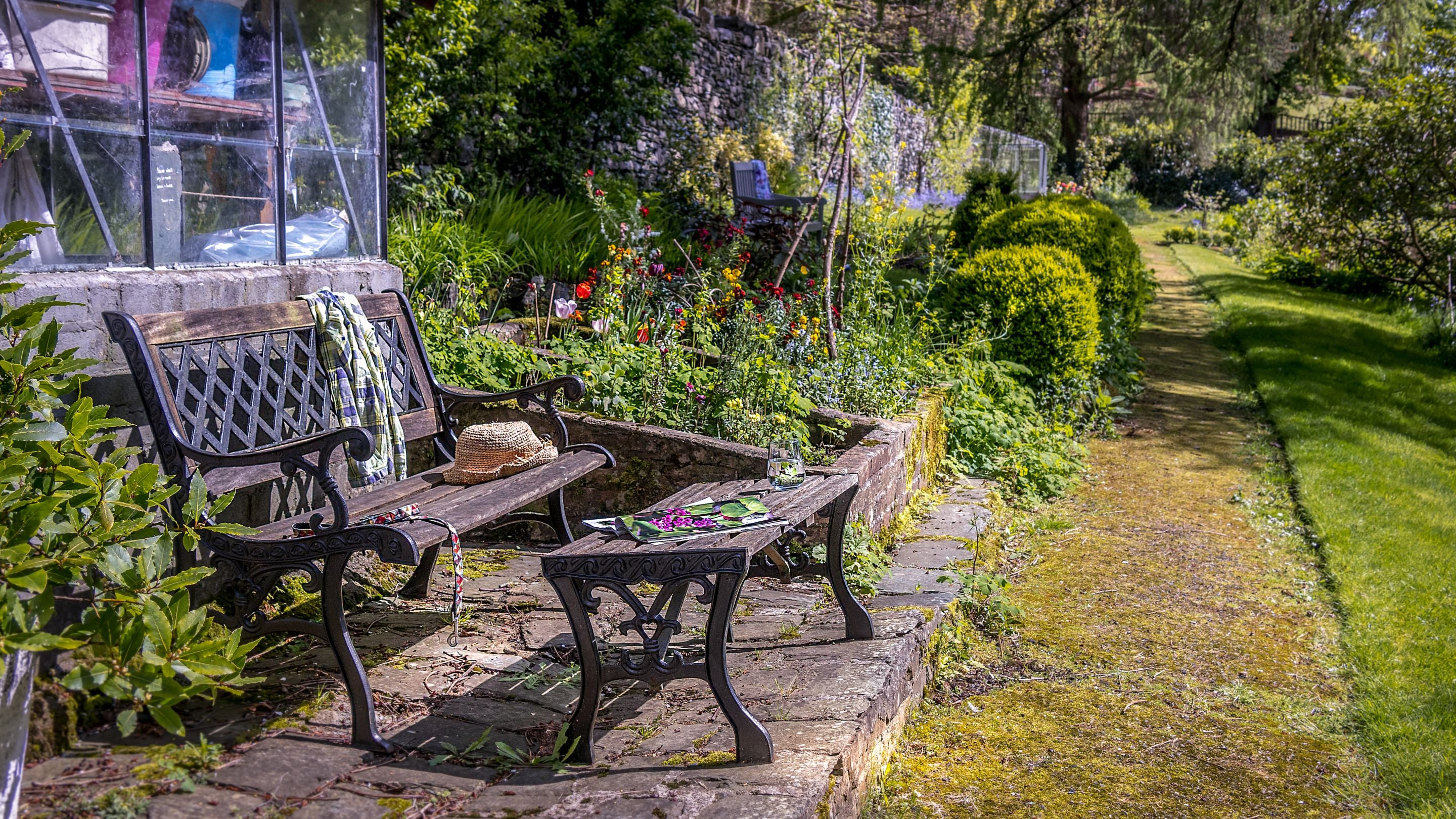 One of the benches at the top of the rear garden at Millbeck Towers, Cumbria