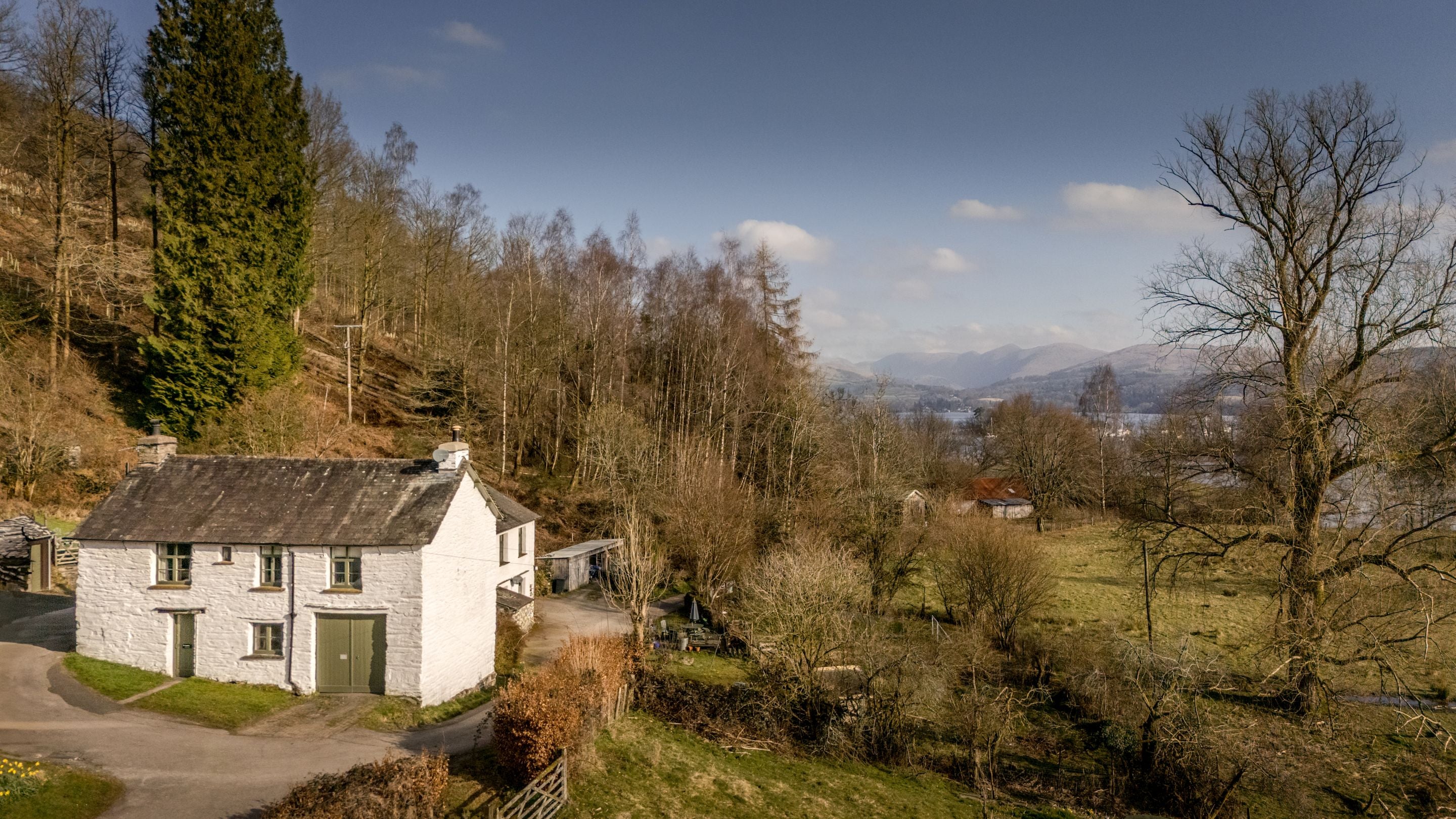 An aerial view of Tanner Brow, with Lake Windermere in the background, Cumbria