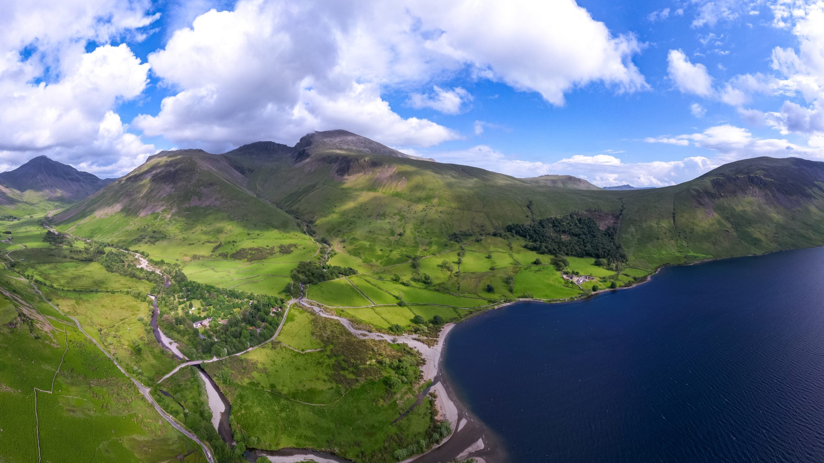 An aerial view of Wasdale Campsite and Wastwater, Cumbria