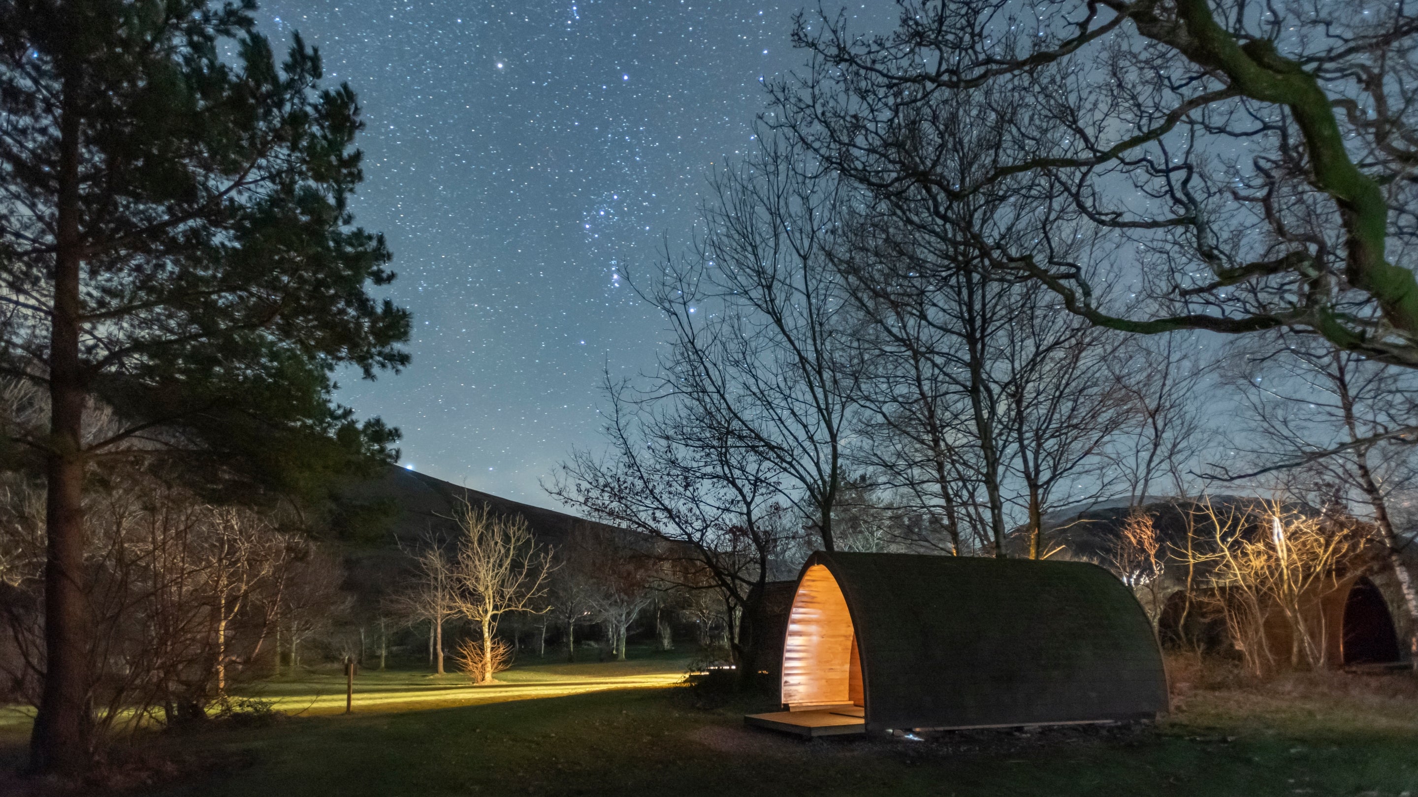 Pods at Wasdale Campsite in winter, Cumbria