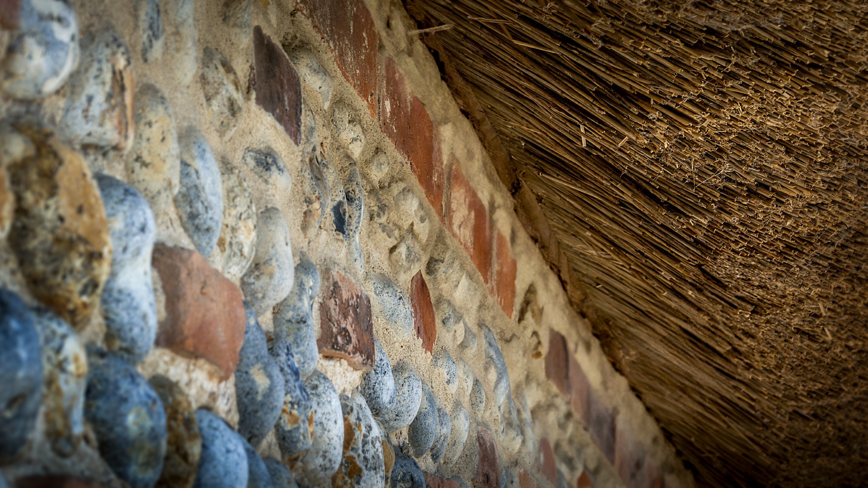 An exterior flint and brick wall and thatch roofing at 1 Horsey Barns, Norfolk