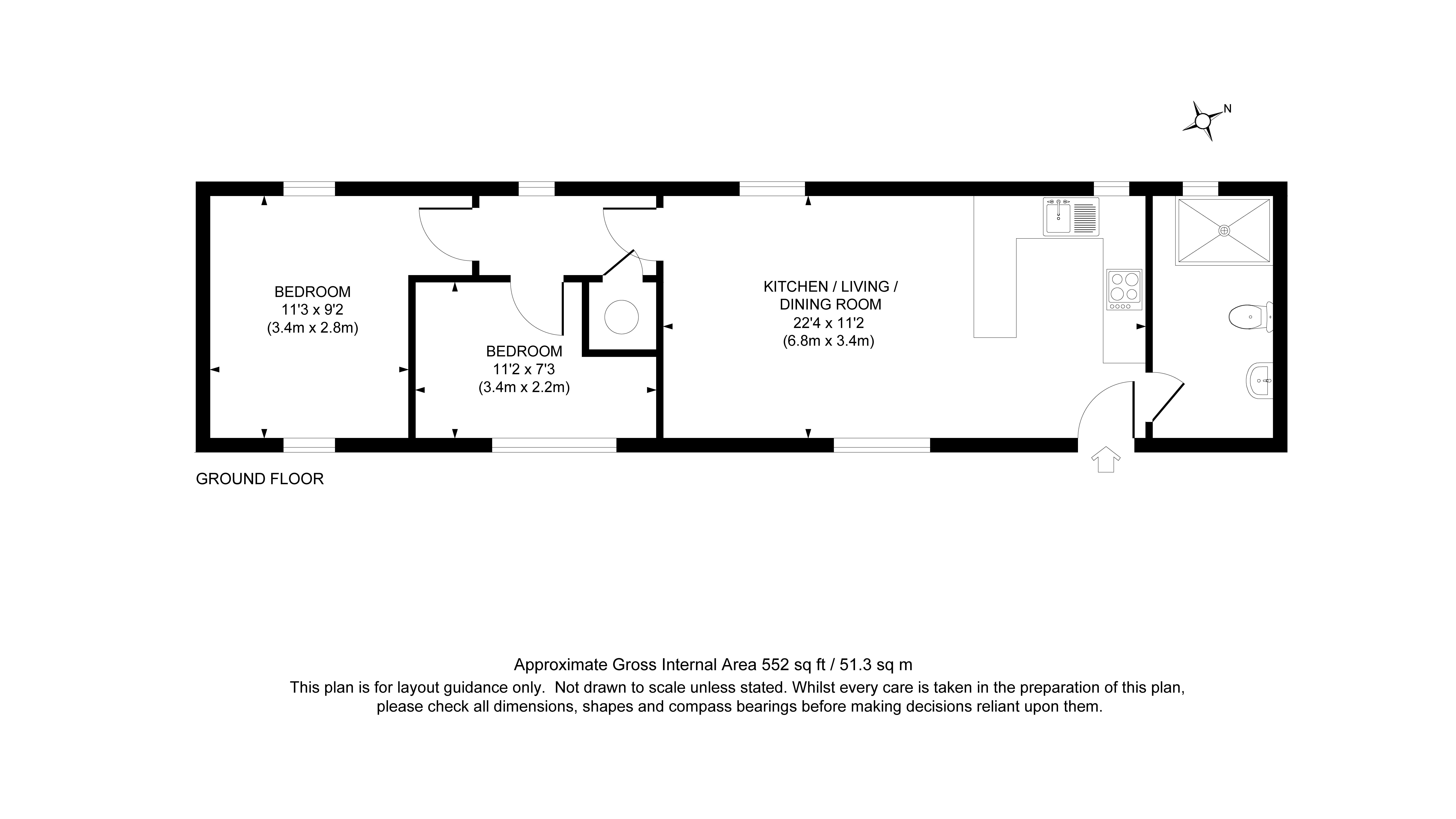 The floor plan for 1 Horsey Barns, showing the ground floor with open-plan kitchen, dining and sitting room, two bedrooms and shower room.