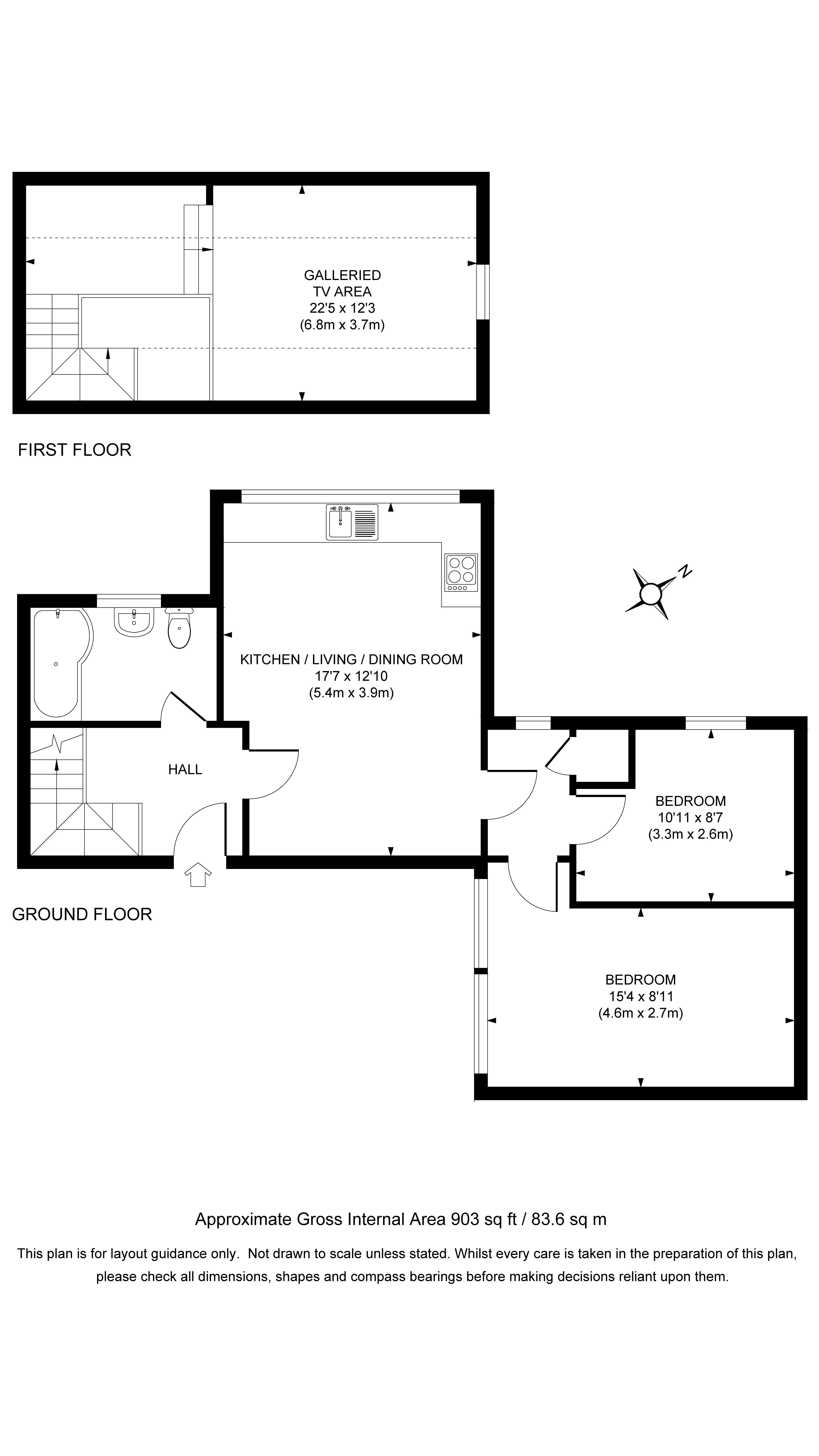 The floor plan for 2 Horsey Barns, showing the ground floor with open-plan living space including sitting area, kitchen area and dining table, two bedrooms and bathroom, and first floor mezzanine