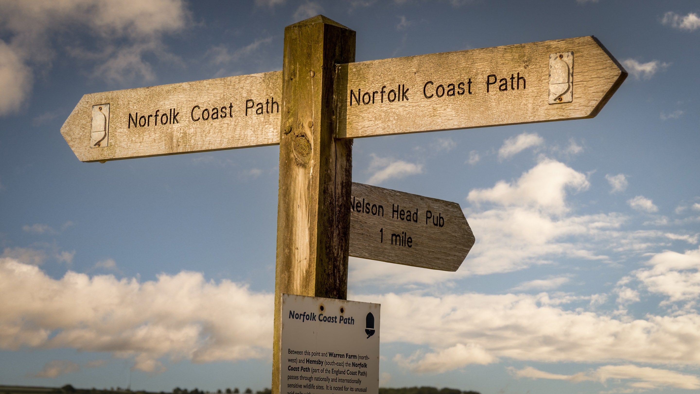 Coast path signs near 1, 2 and 3 Horsey Barns, Norfolk