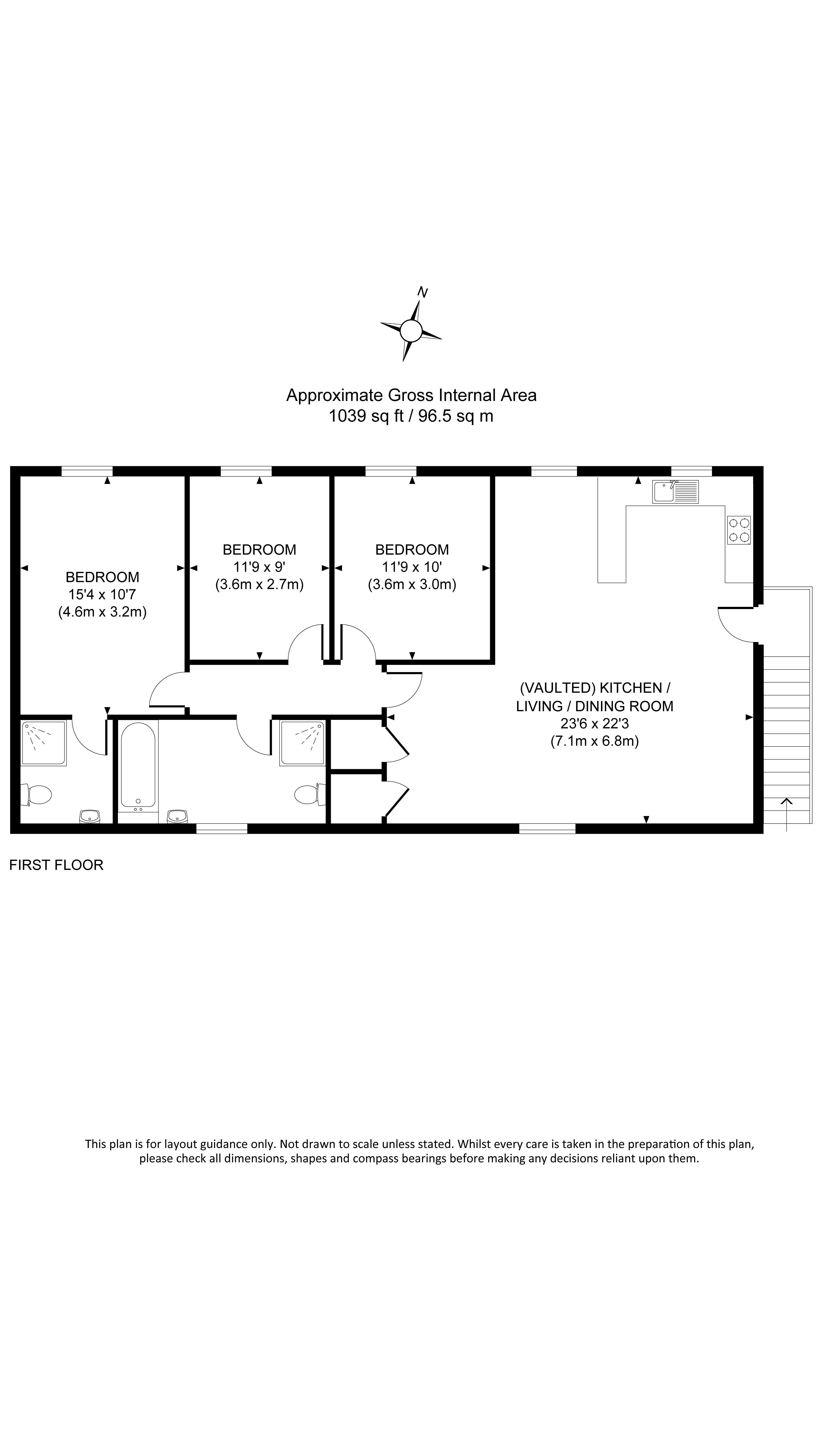 The floor plan for 4 Cart Lodge Barn, showing the first floor accessed via an external staircase leading to the open-plan kitchen, dining and sitting room, one bedroom with en-suite shower room, two further bedrooms and the bathroom.