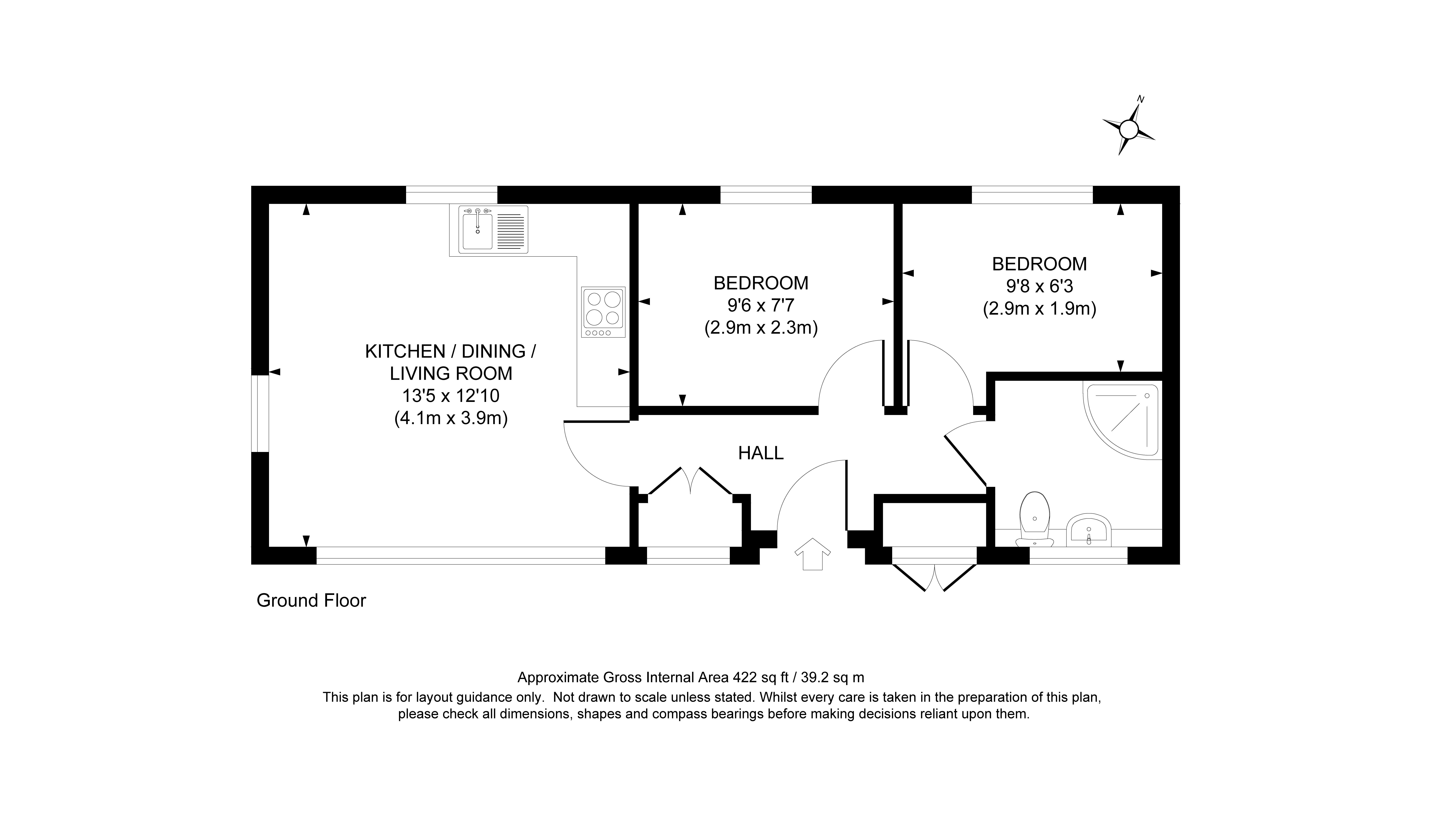 The ground floor plan for Blakeney Lodge showing open-plan kitchen, dining and sitting room, two bedrooms and a bathroom