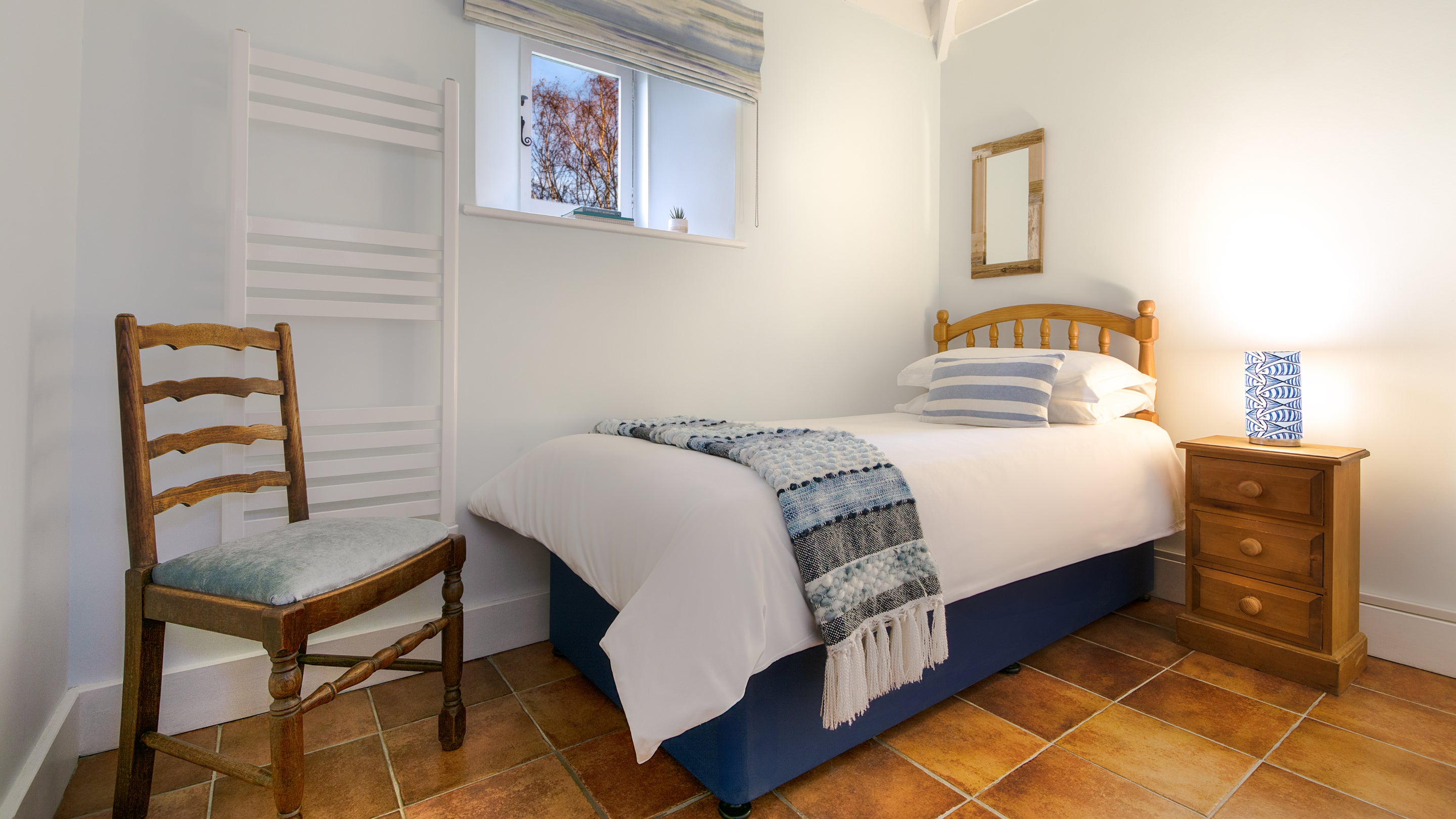 The single bedroom at Blakeney Lodge, Norfolk.