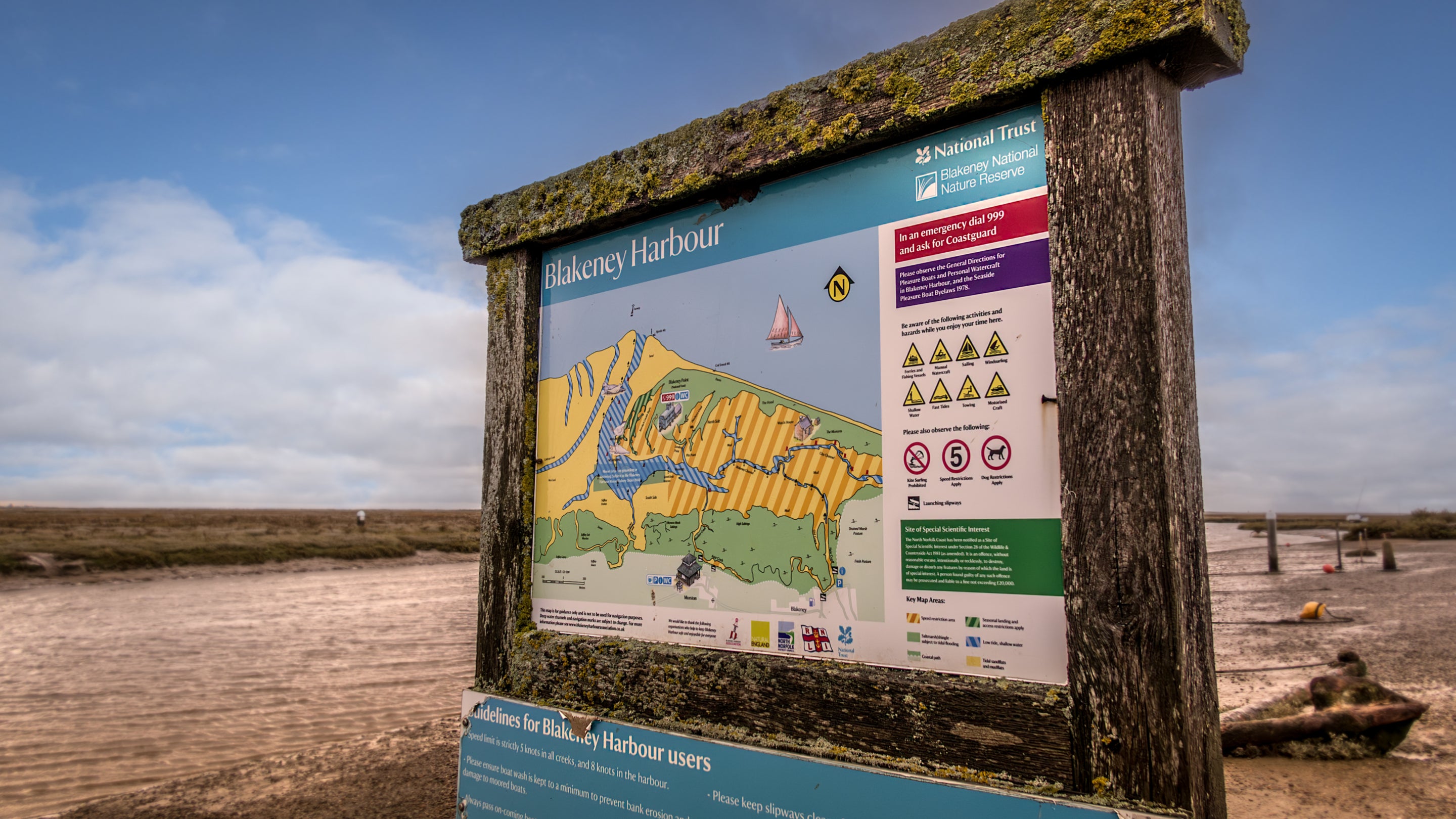 A sign at Blakeney Harbour, near Blakeney Lodge, Norfolk