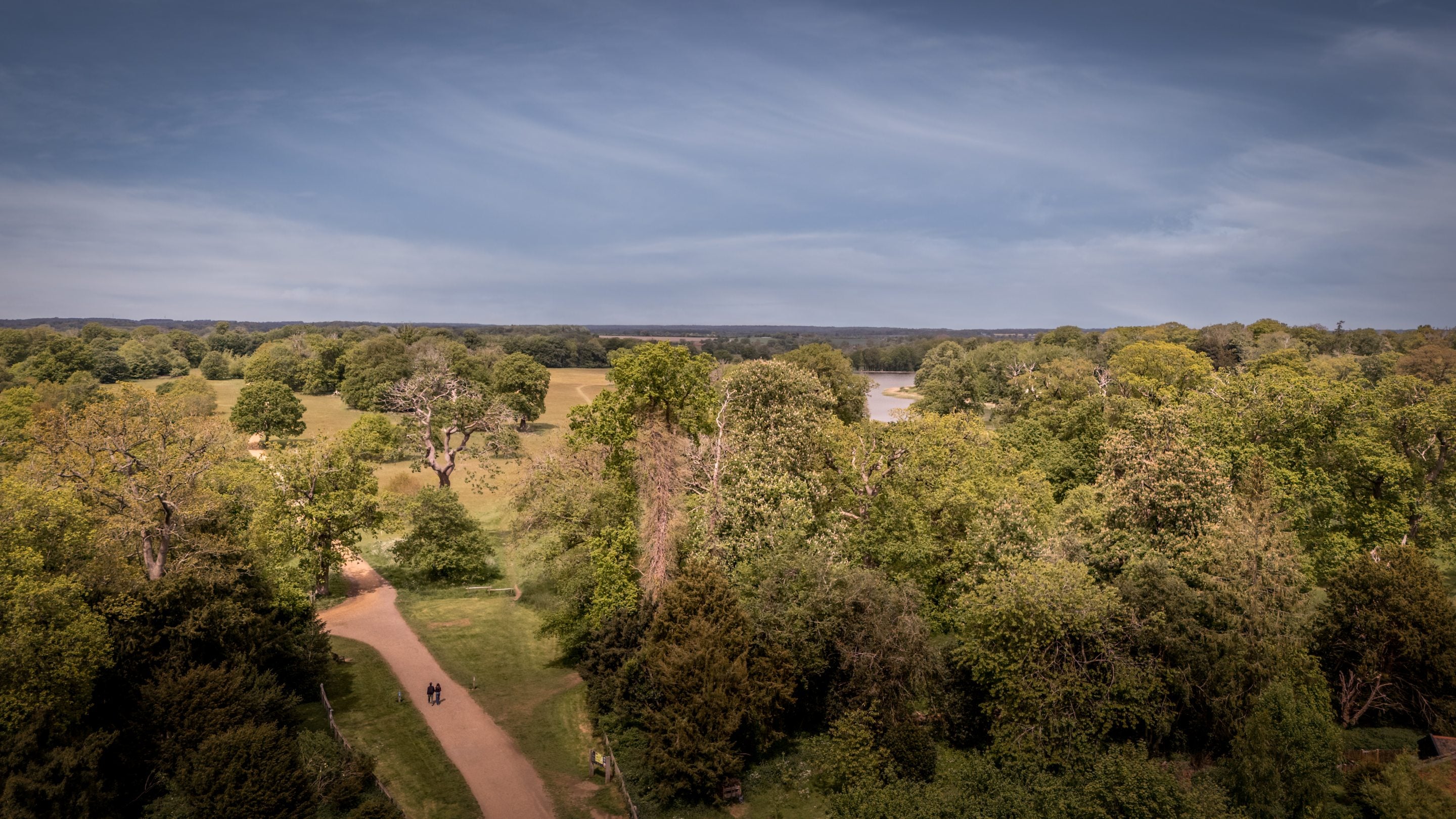 An aerial view of the Blickling Estate showing trails and the lake, Norfolk