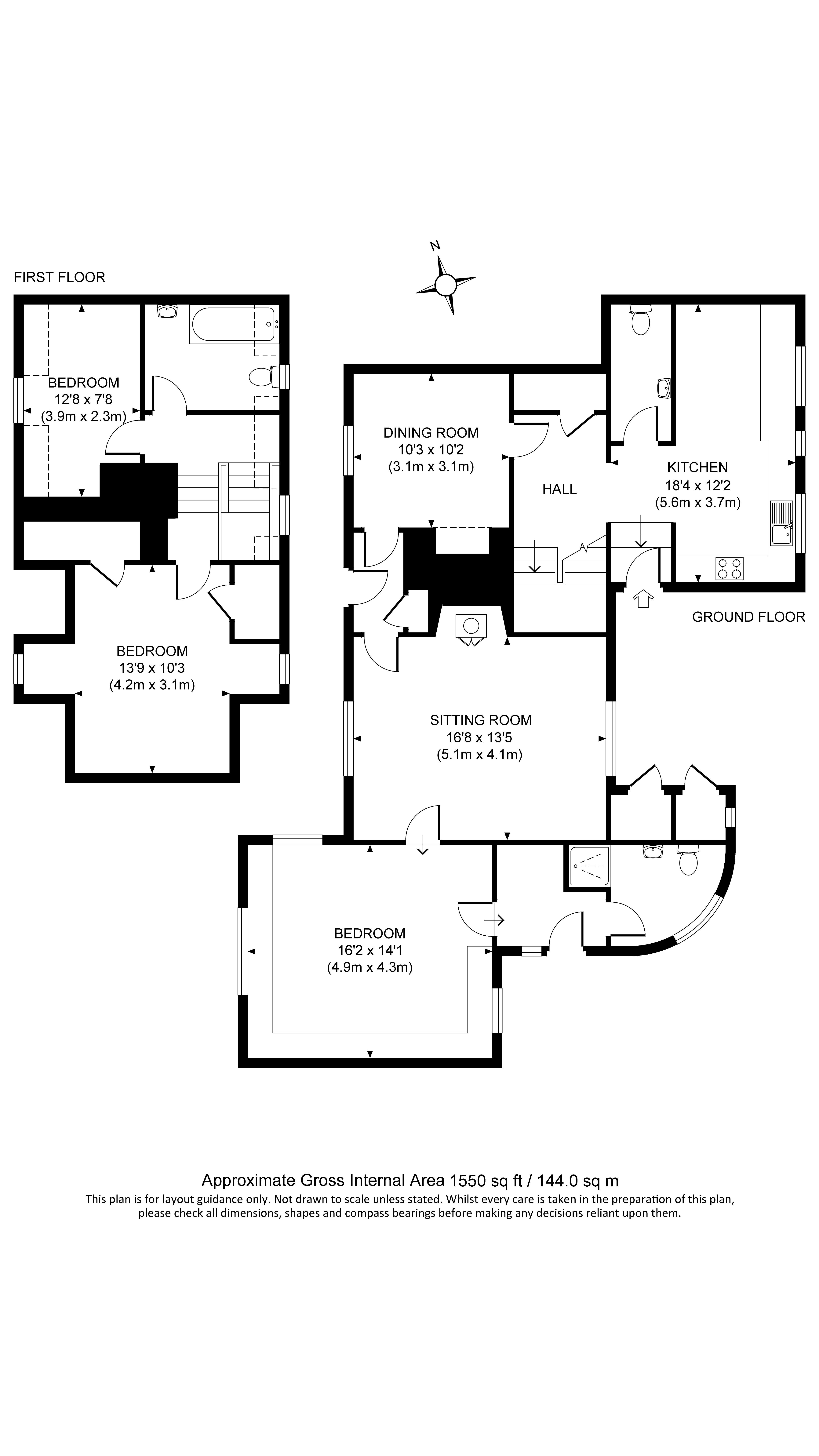 The floor plan for Blickling Dairy House showing the ground floor with sitting room, kitchen, dining room, bedroom, en-suite shower room an downstairs toilet and first floor showing two bedroom and bathroom.