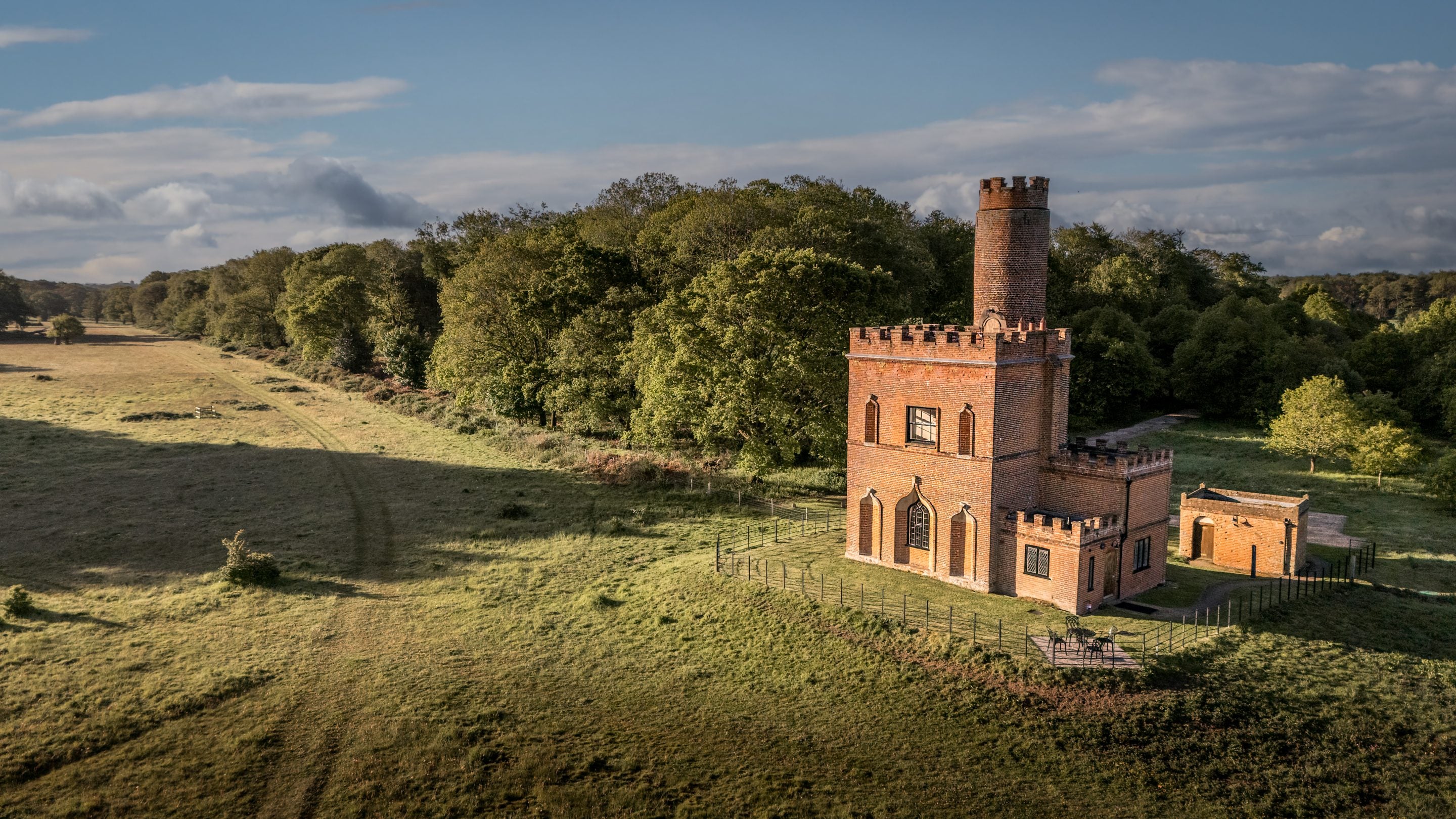 An aerial view of Blickling Tower and the surrounding parkland, Norfolk