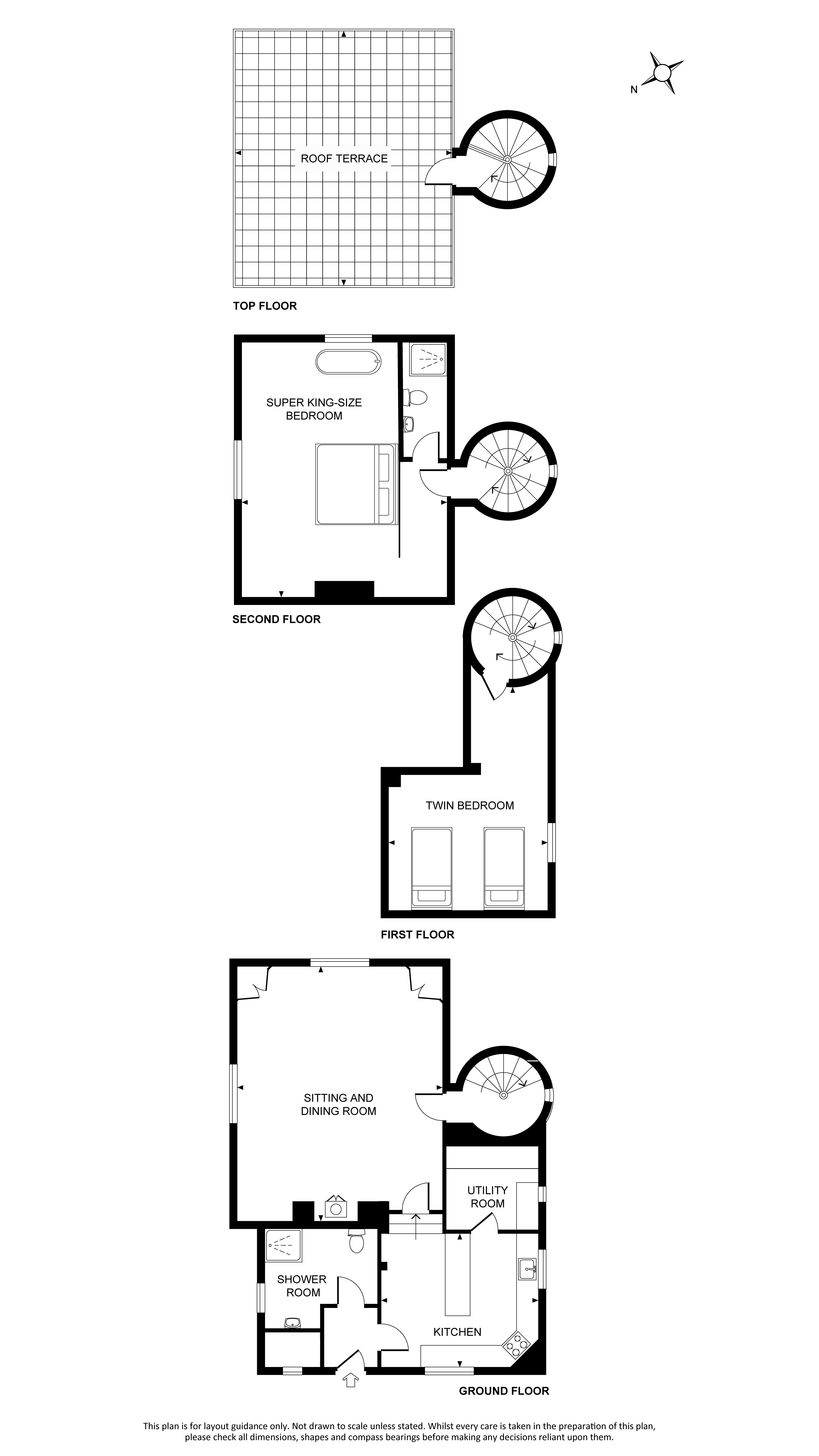 The floor plan for Blickling Tower, showing the ground floor with kitchen, utility room, sitting room with dining table, a shower room and an enclosed spiral staircase leading to the other floors. The first floor has a twin bedroom and the second floor has a super king-size bedroom with bath in front of one of the windows in the bedroom, plus an en-suite shower room. The top floor is a roof terrace.