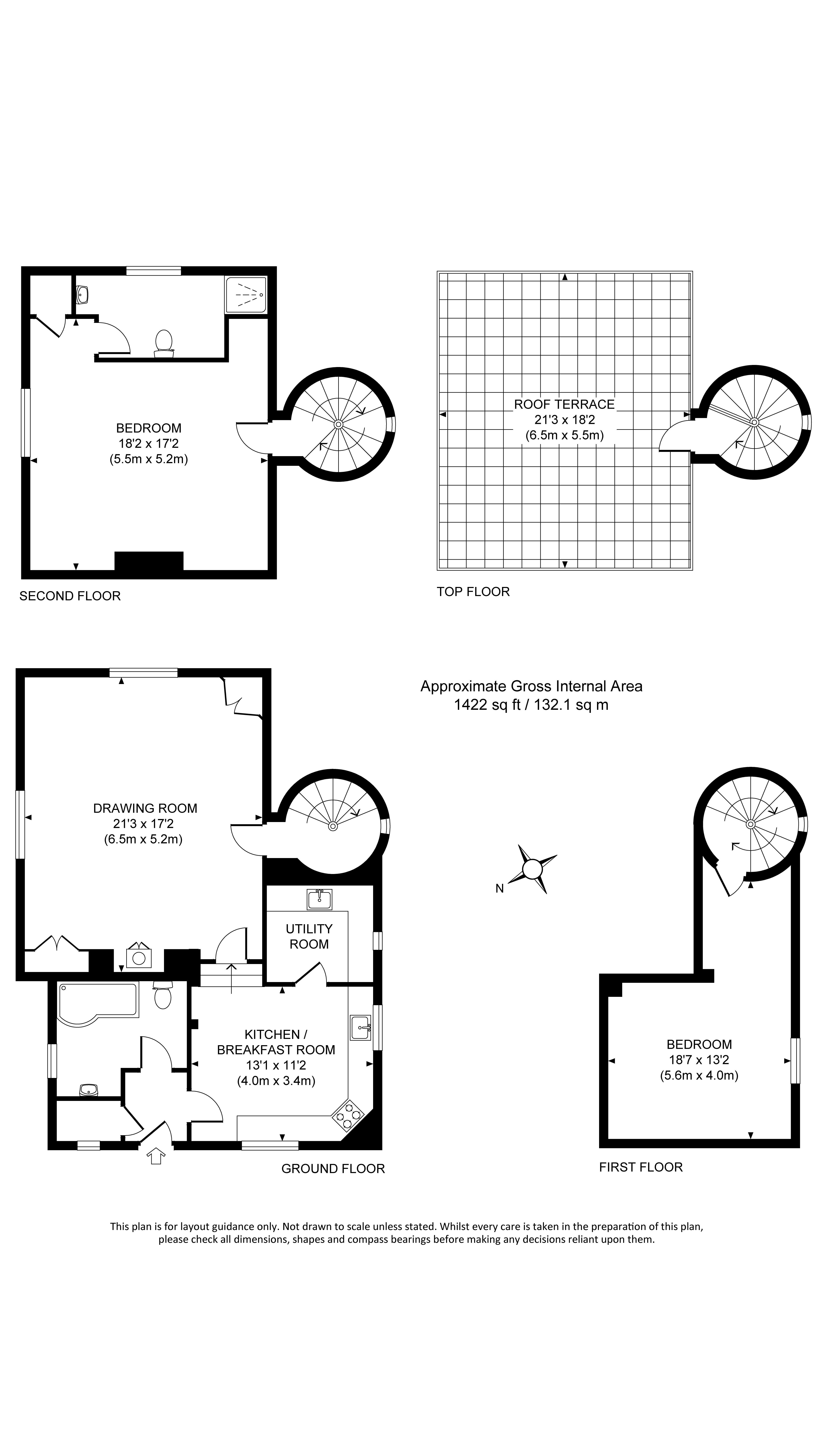 The floor plan for Blickling Tower showing the ground floor with open-plan kitchen and dining room, sitting room, utility room and bathroom, first floor showing bedroom, second floor showing bedroom and shower room and top floor showing terrace