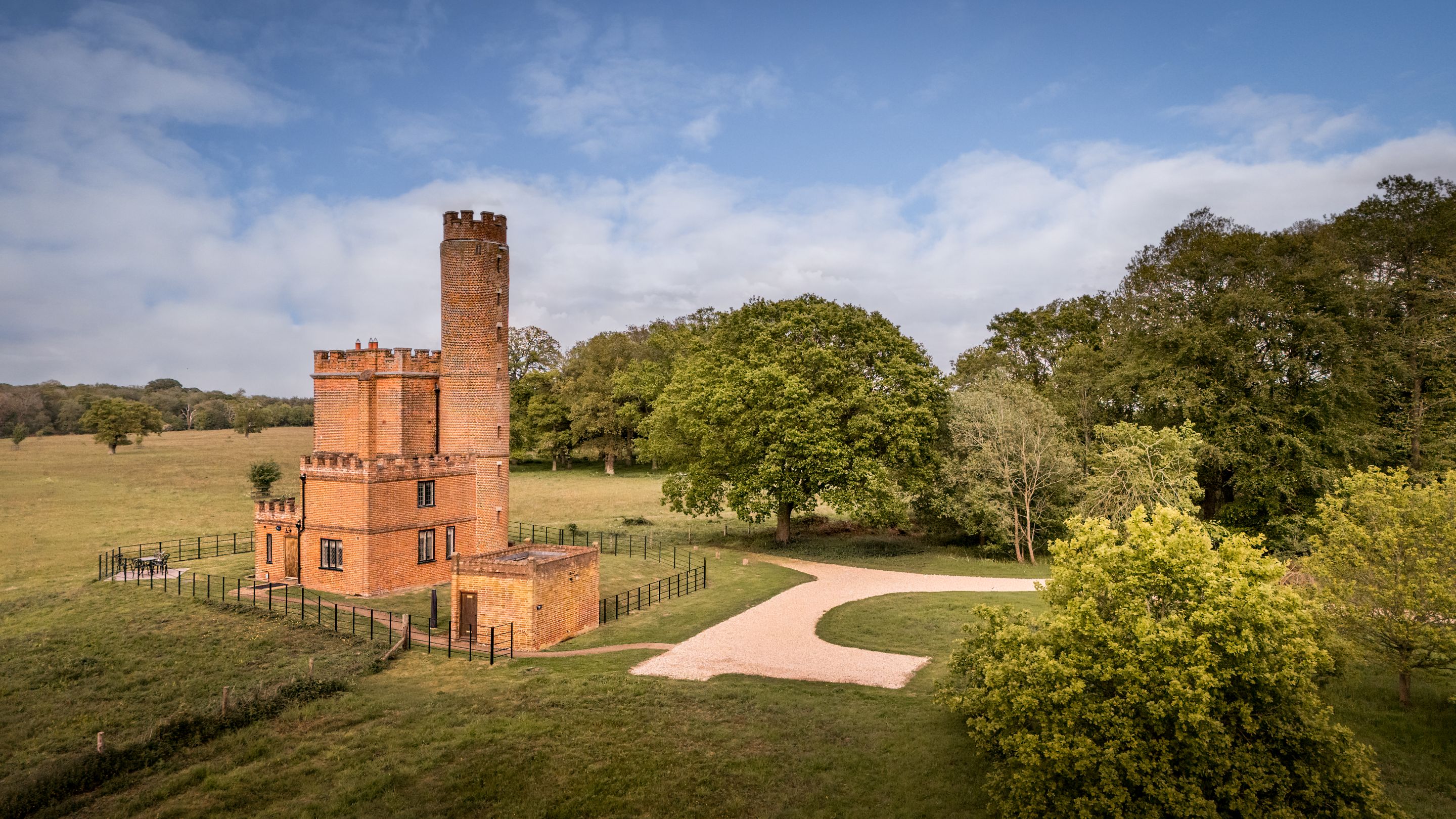 The back of Blickling Tower with a guest car parking space, Norfolk