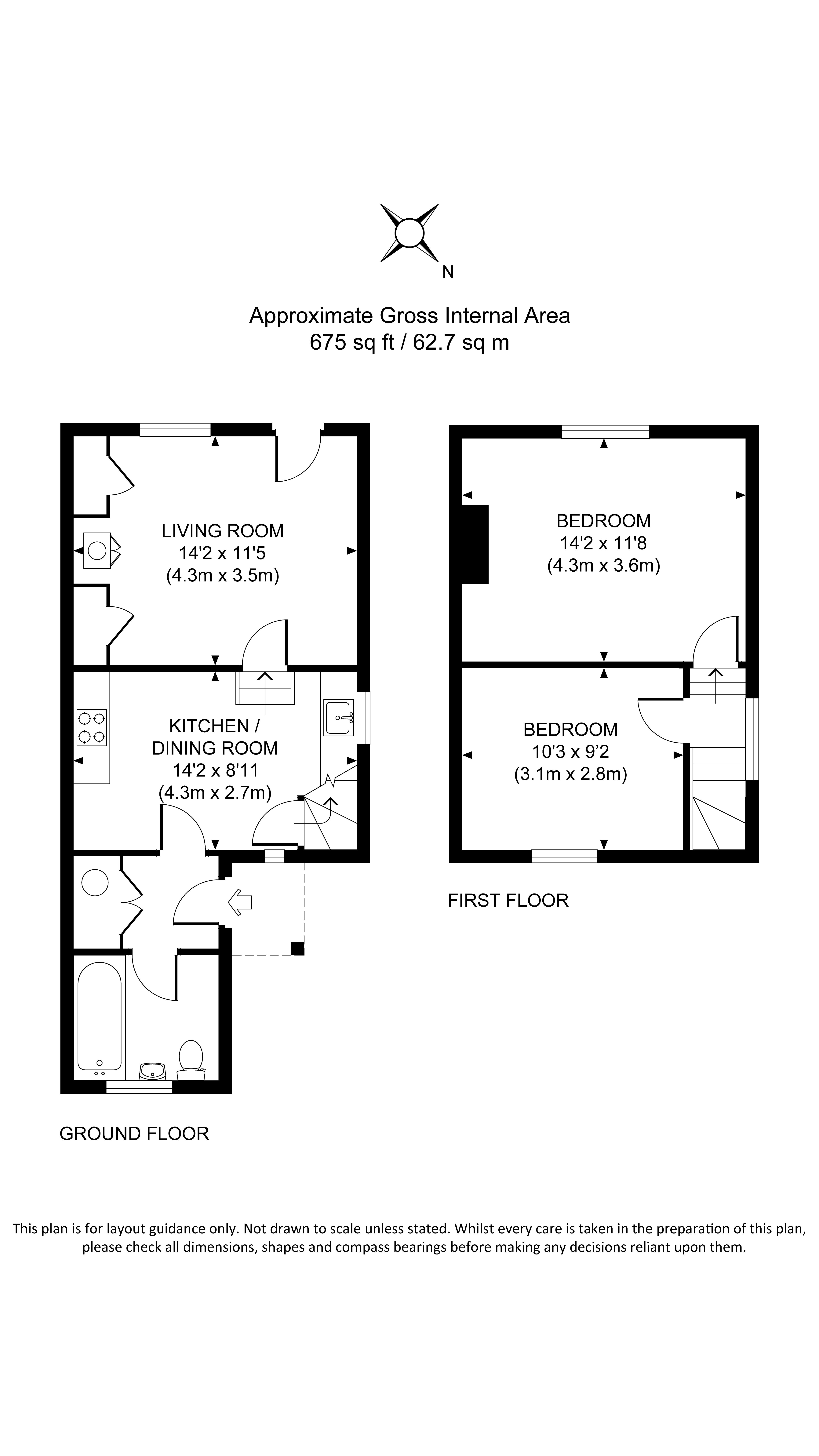 The floor plan for Bureside showing the ground floor with sitting room, open-plan kitchen and dining room and bathroom, and the first floor showing two bedrooms.
