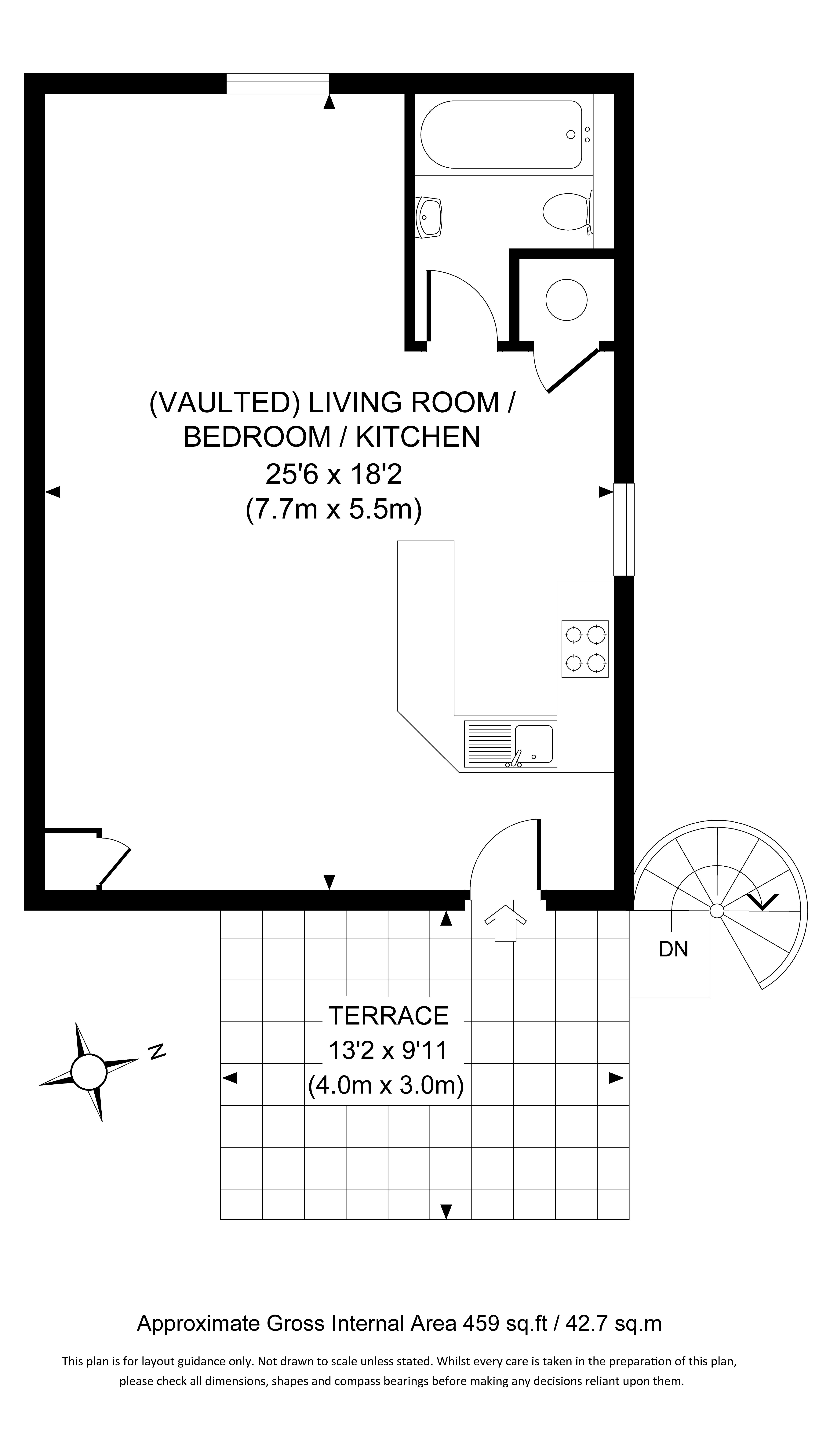 The floor plan for Felbrigg Stable Apartment, showing the open-plan area with sitting area, bedroom and kitchen, and the bathroom