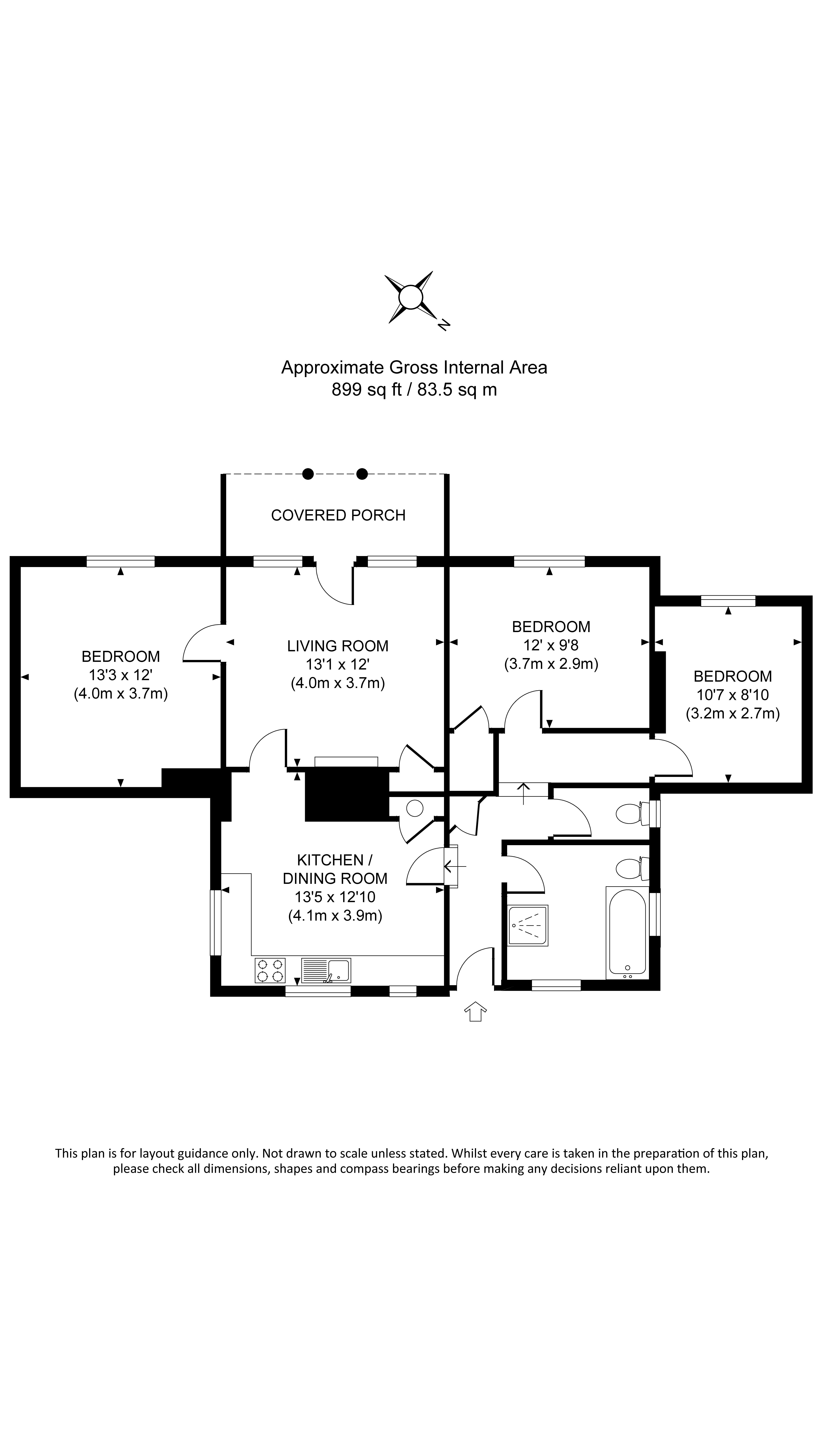 The floor plan for Game Keeper's Cottage, showing the covered porch, living room, kitchen with table, three bedrooms and bathroom