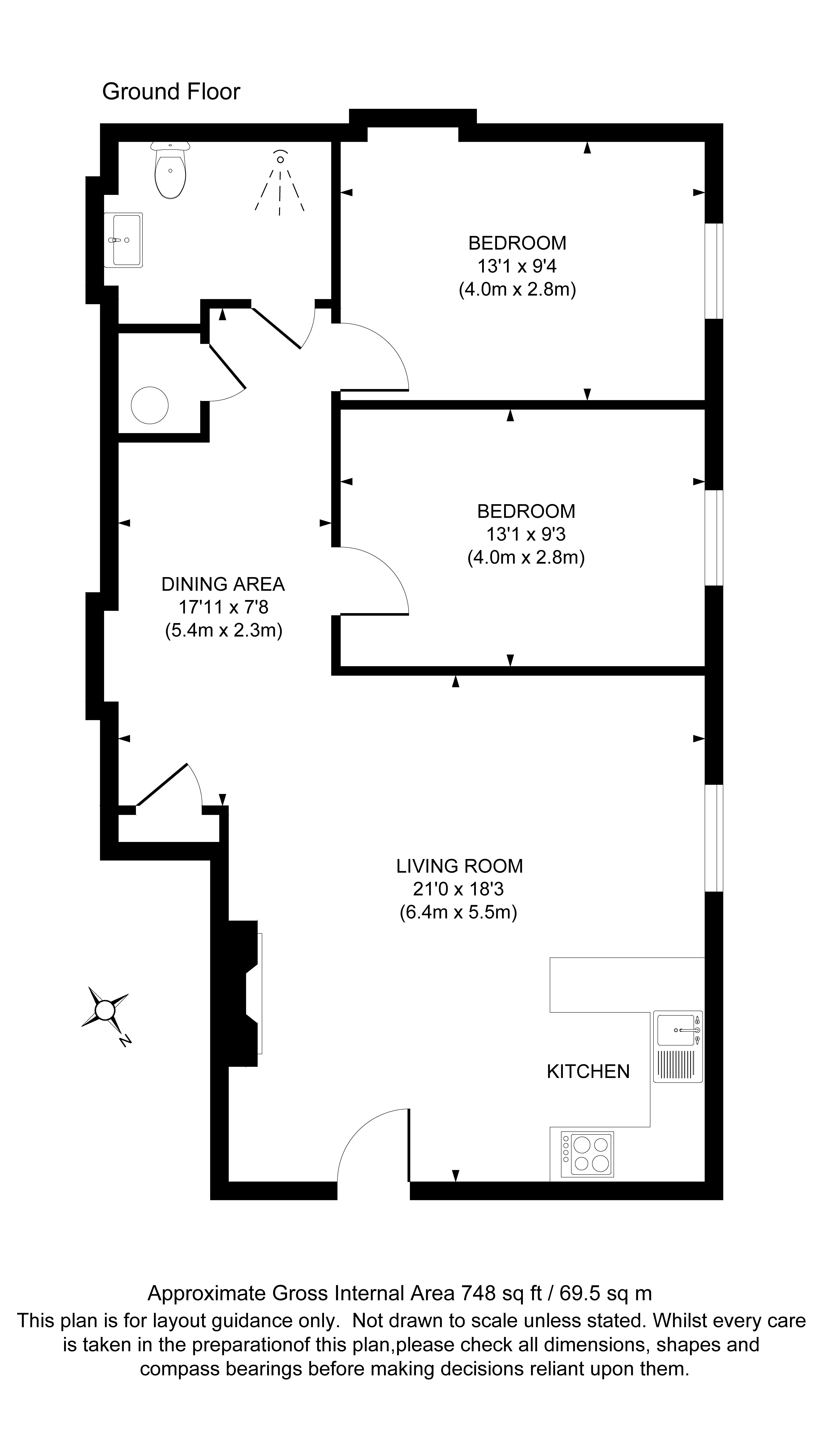 The floor plan for Millstream, showing the open plan area with sitting area, dining area and kitchen, two bedrooms and shower room
