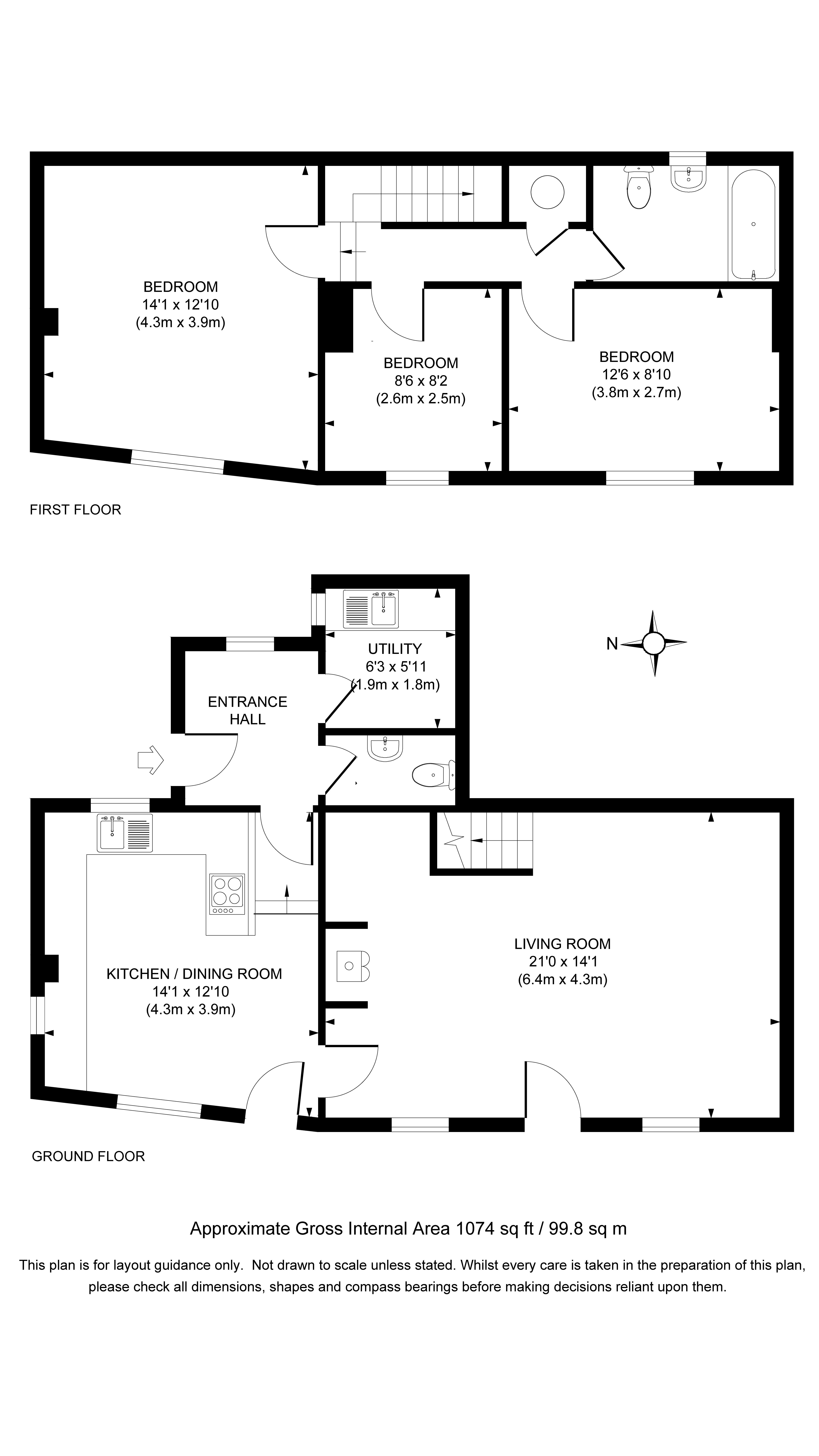 The floor plan for Mrs Preedy's Cottage, showing the ground floor with sitting room, kitchen, utility room and toilet, and the first floor with three bedrooms and bathroom