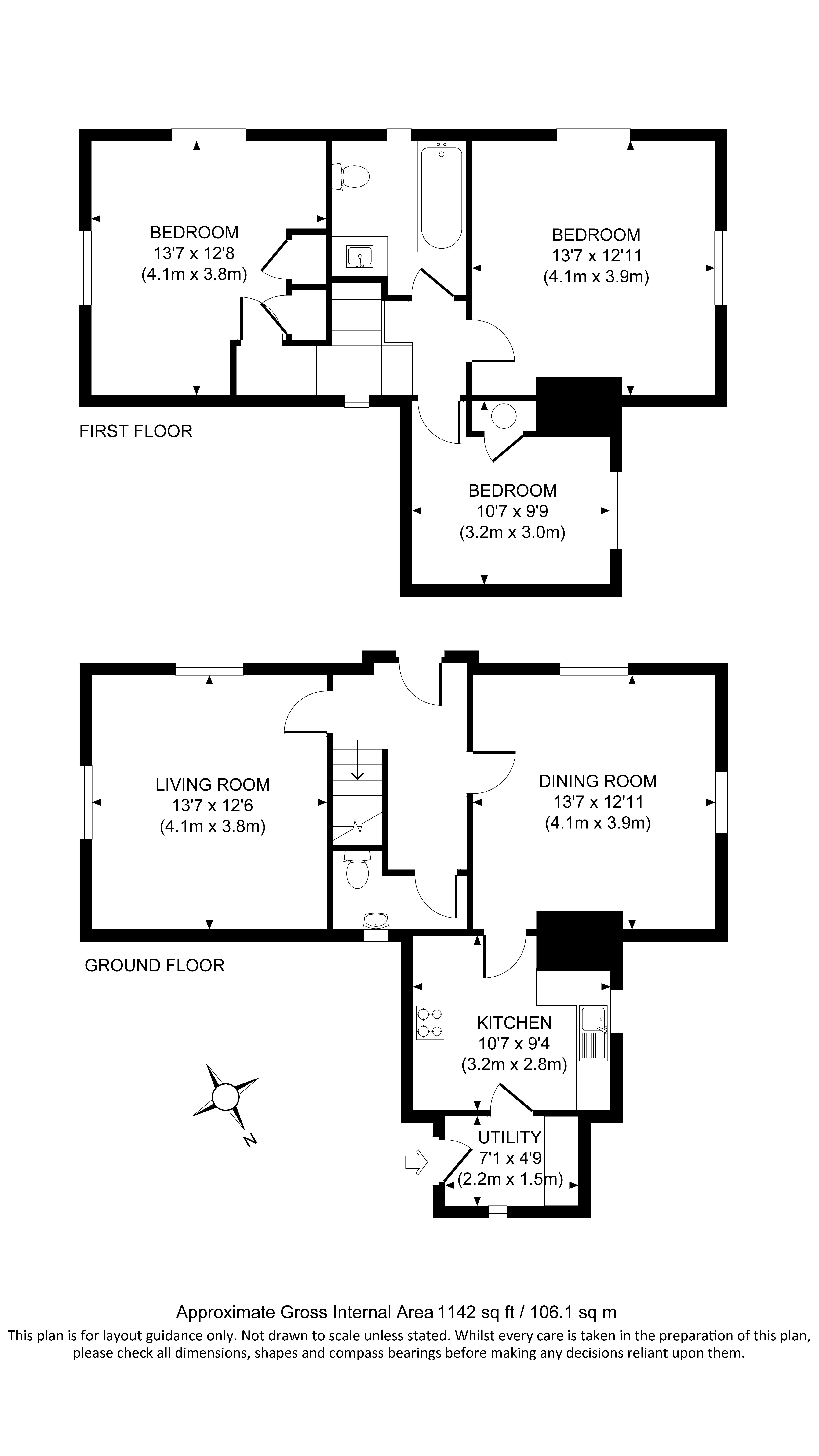 The floor plan for Sexton's Lodge, showing ground floor with hall, sitting room, dining room, kitchen, utility room and toilet, and first floor with three bedrooms and a bathroom.
