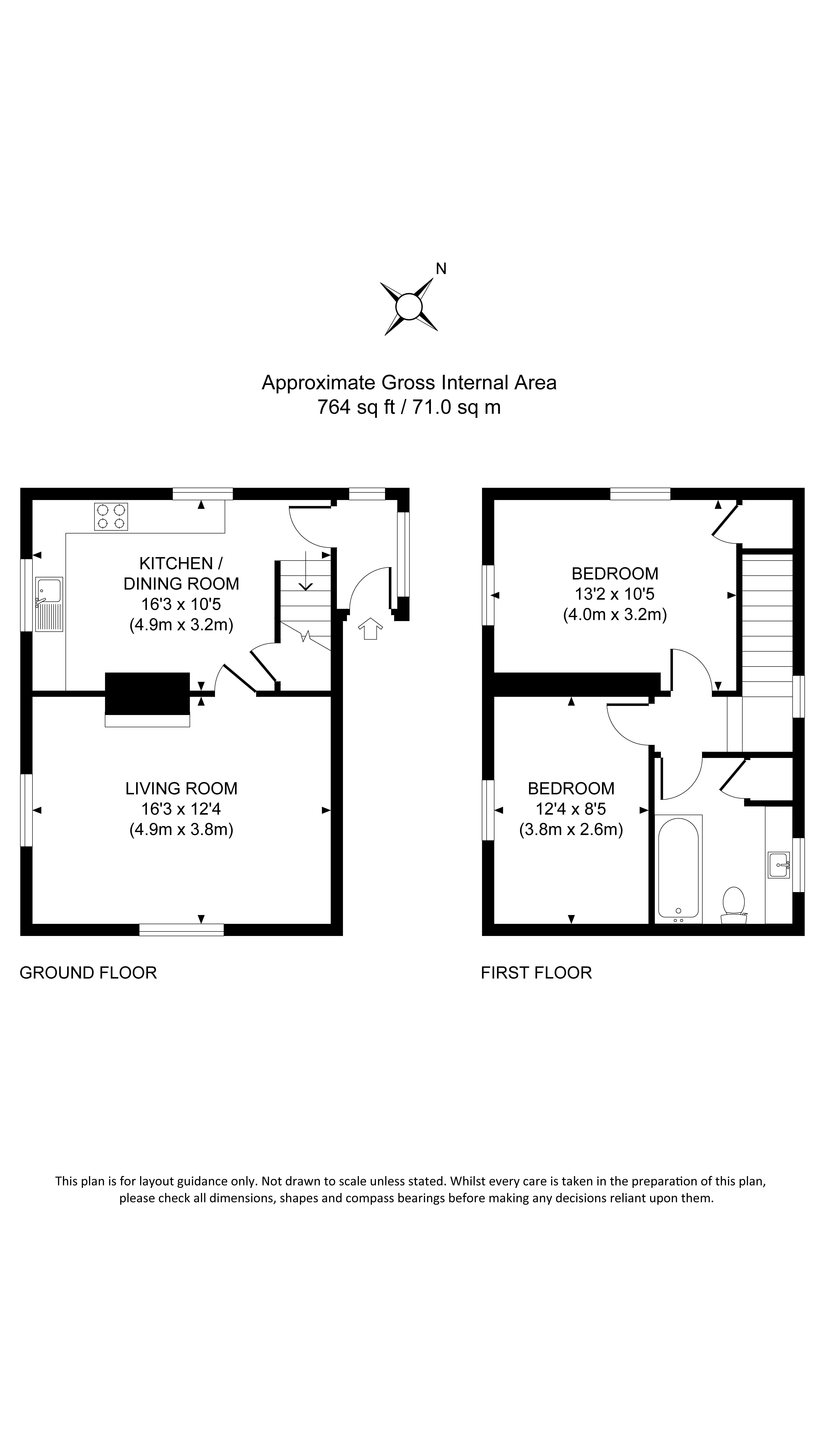 The floor plan for Sheringham Wood Farm, showing ground floor with porch, kitchen-diner and sitting room, and the first floor with double bedroom, twin bedroom and bathroom.