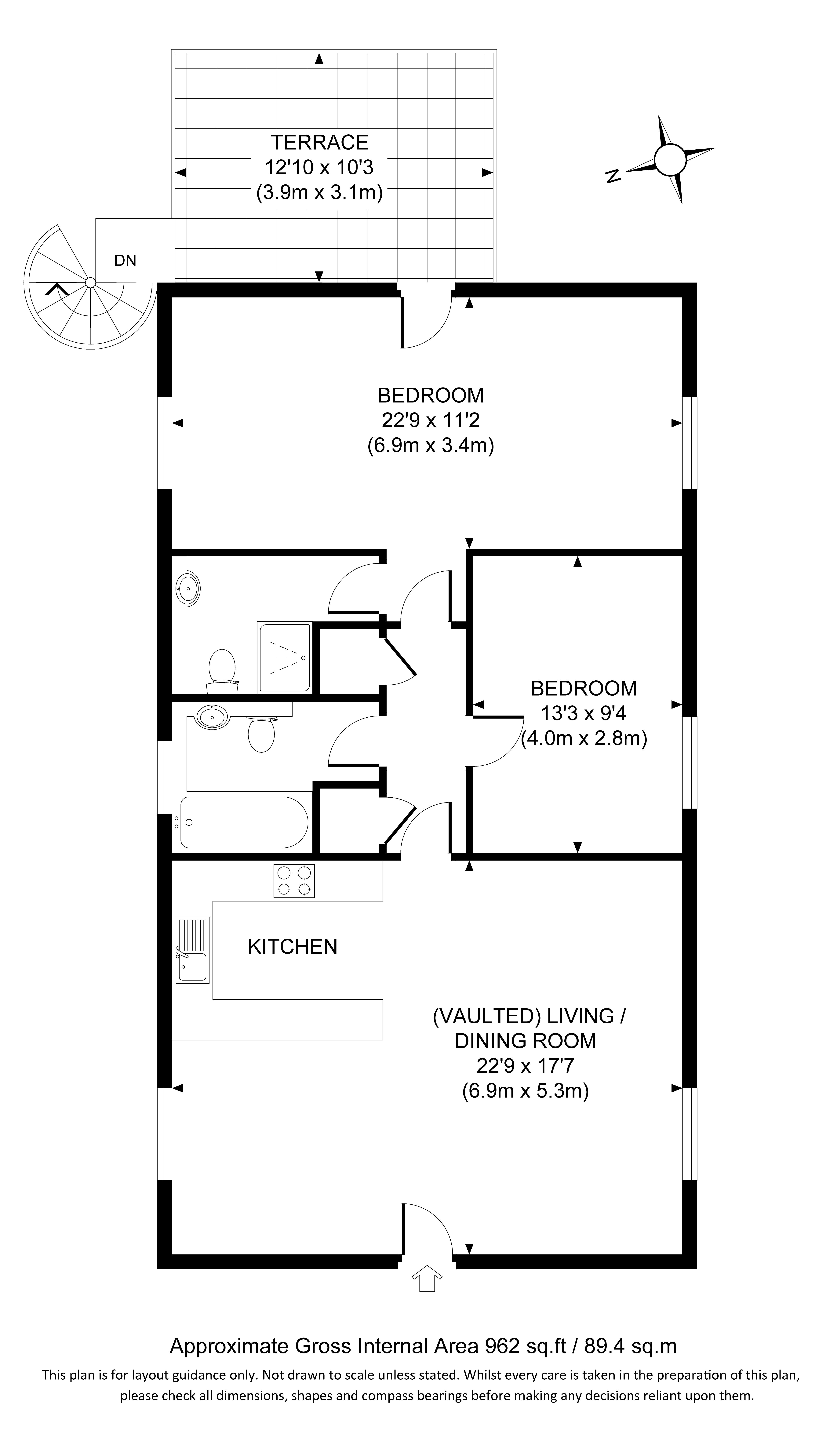 The floor plan for Squire's Loft, showing open-plan kitchen, dining and sitting room, hall, one bedroom with en-suite shower room, a further bedroom, bathroom and roof terrace with spiral staircase.