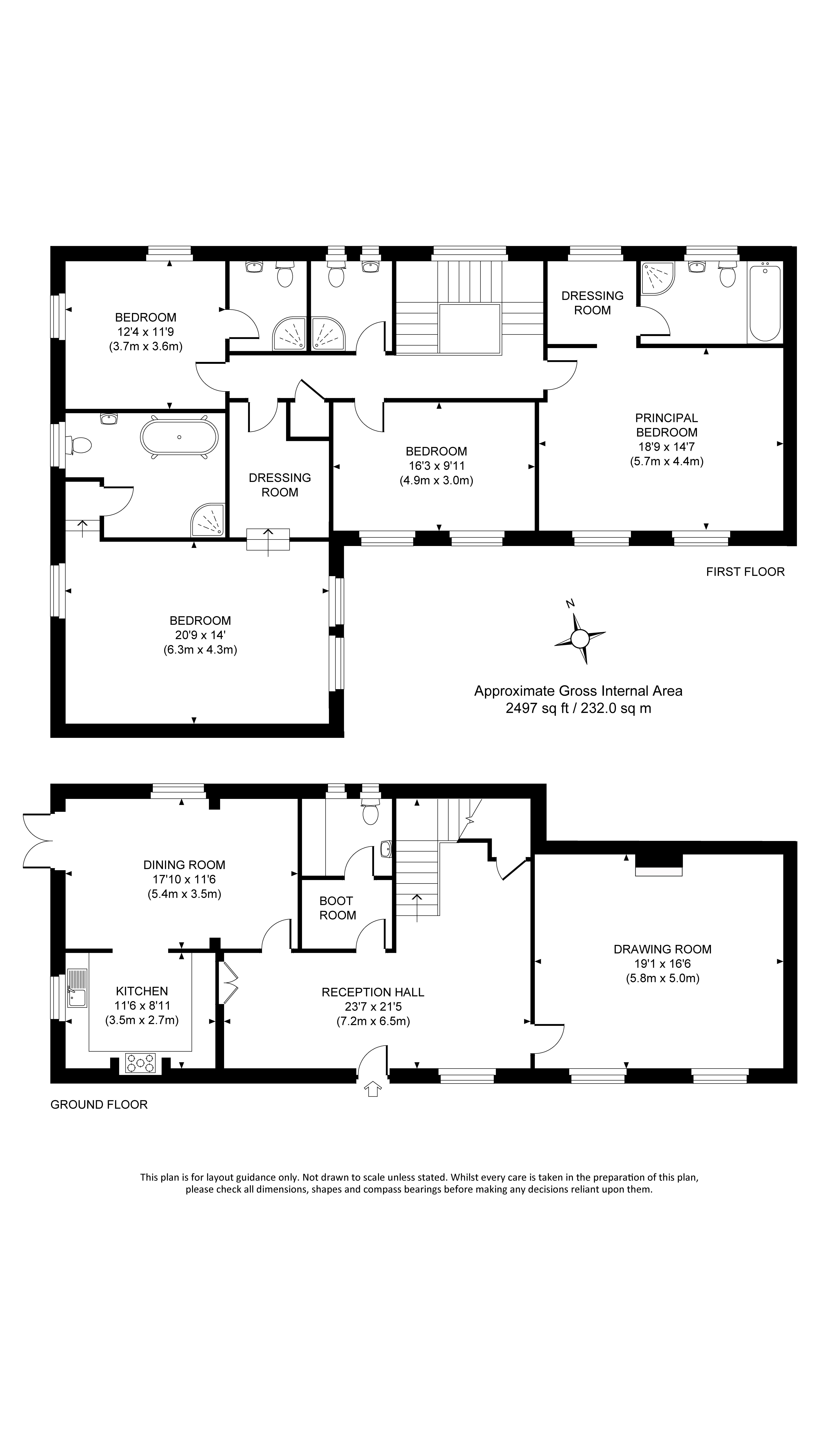 The floor plan for The Squire's Retreat, showing ground floor with entrance hall, sitting room, dining room, kitchen, boot room, utility room, and first floor with two bedrooms with en-suite bathrooms, one bedroom with en-suite shower room, a further bedroom and a shower room.