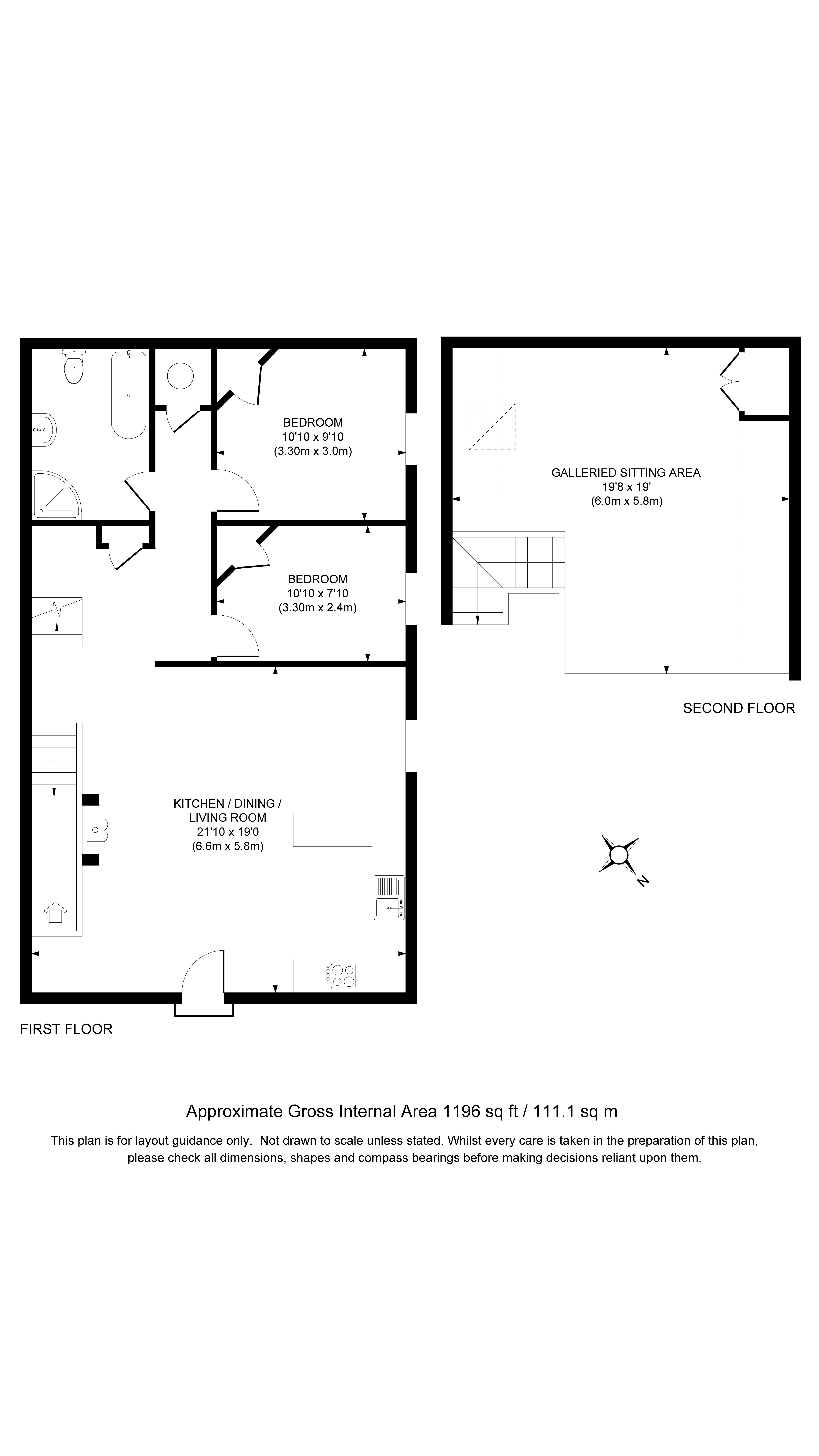 The floor plan for Watermill Apartment, showing the first floor with entrance to the apartment in the open-plan kitchen, dining and sitting room, the two bedrooms, bathroom and stairs to the second-floor galleried sitting area.