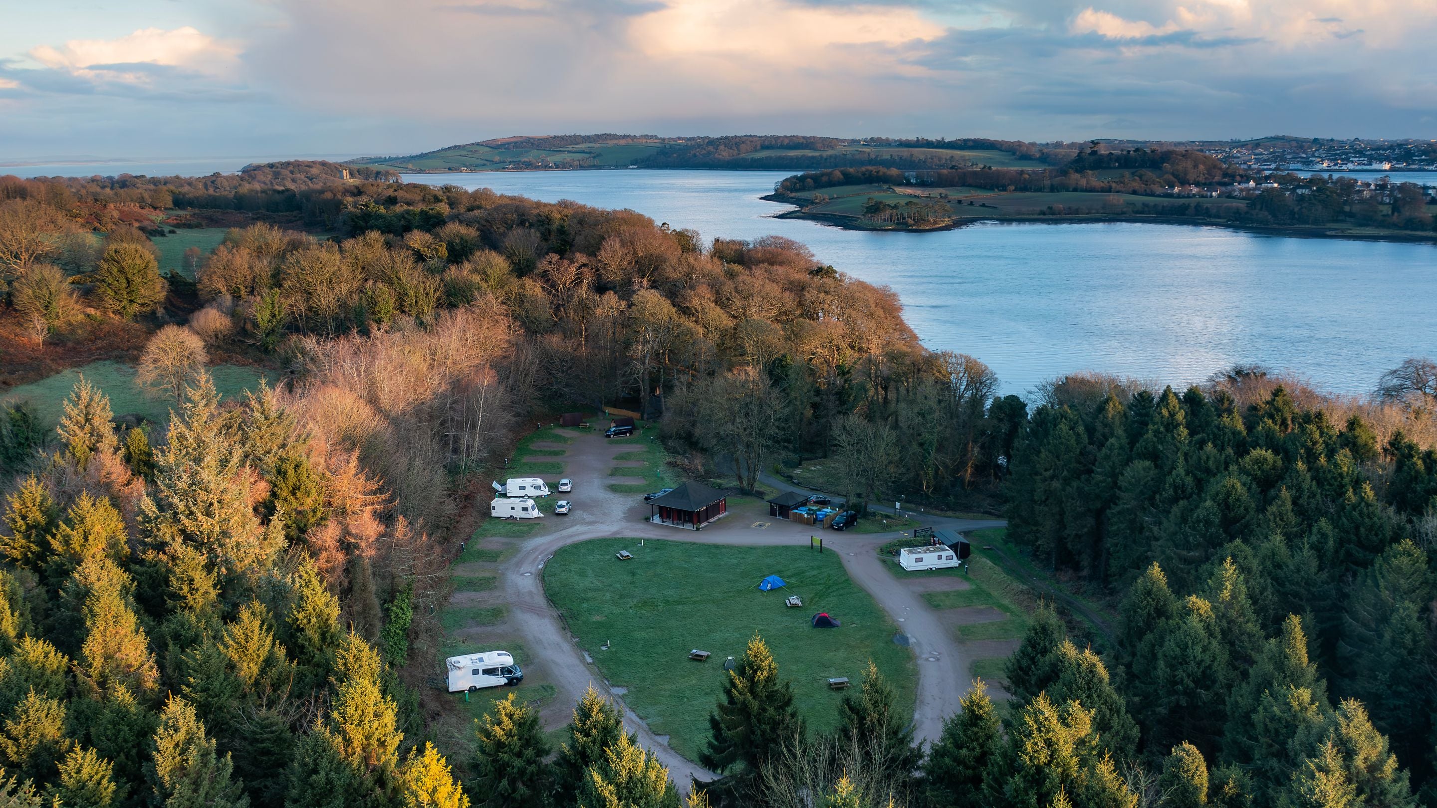 An aerial view of Castle Ward Caravan Park in winter, County Down