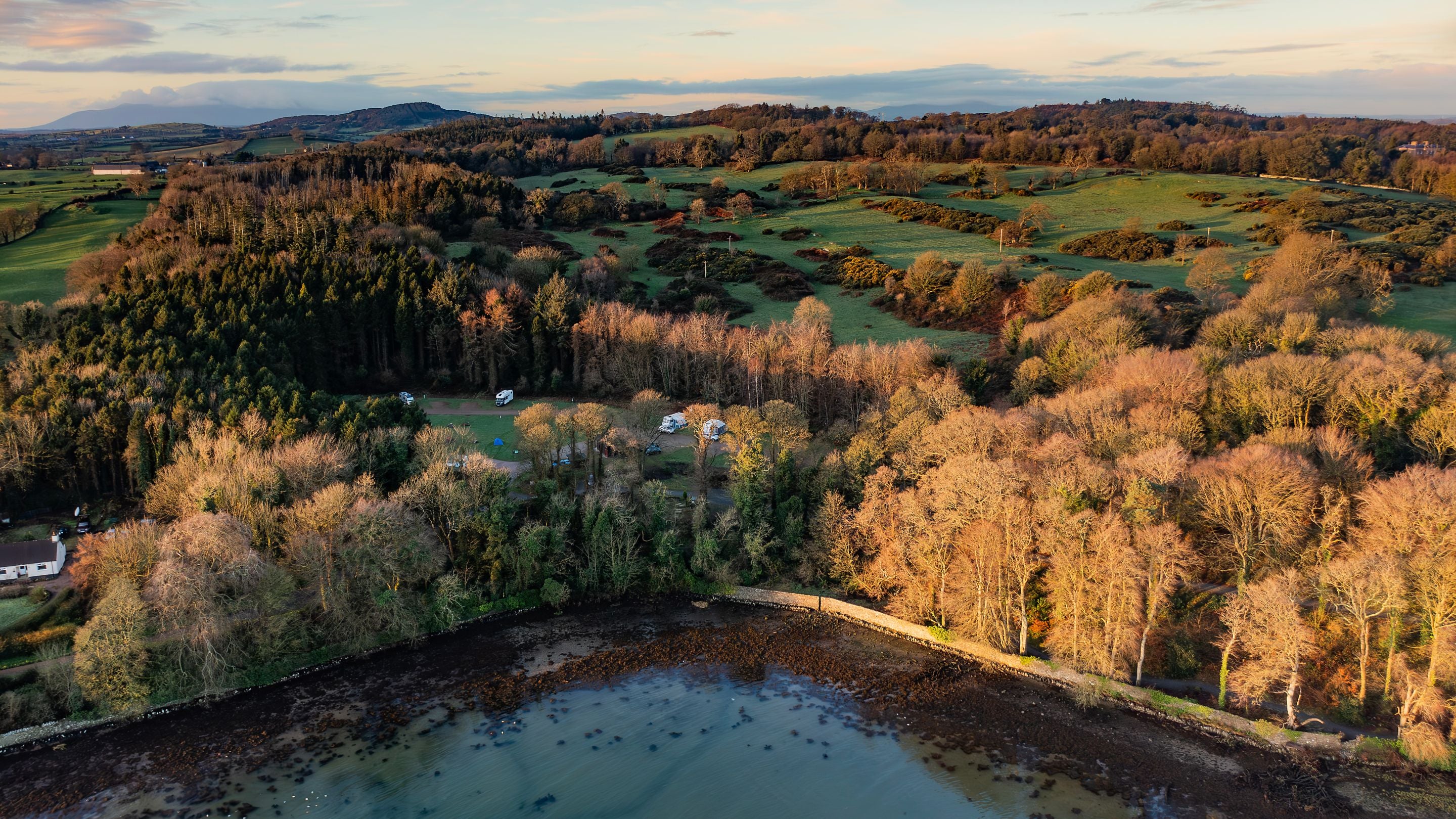 An aerial view of Castle Ward Caravan Park and Strangford Lough, County Down