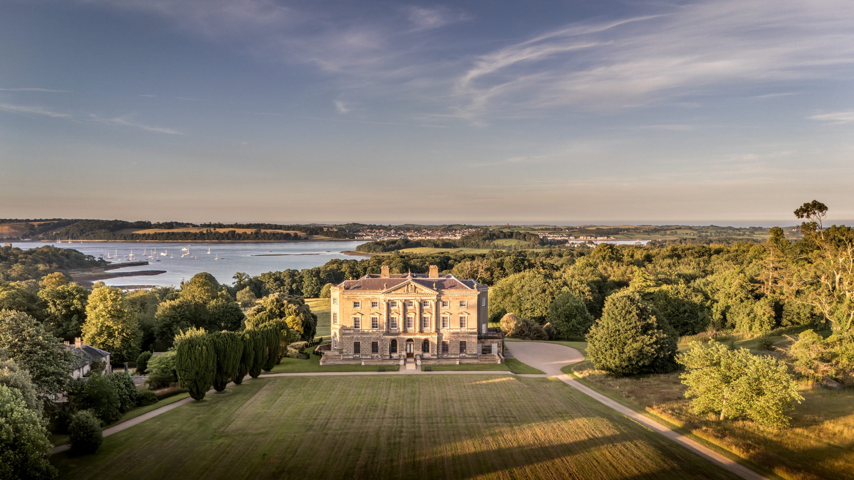 An aerial view of the mansion at Castle Ward, County Down