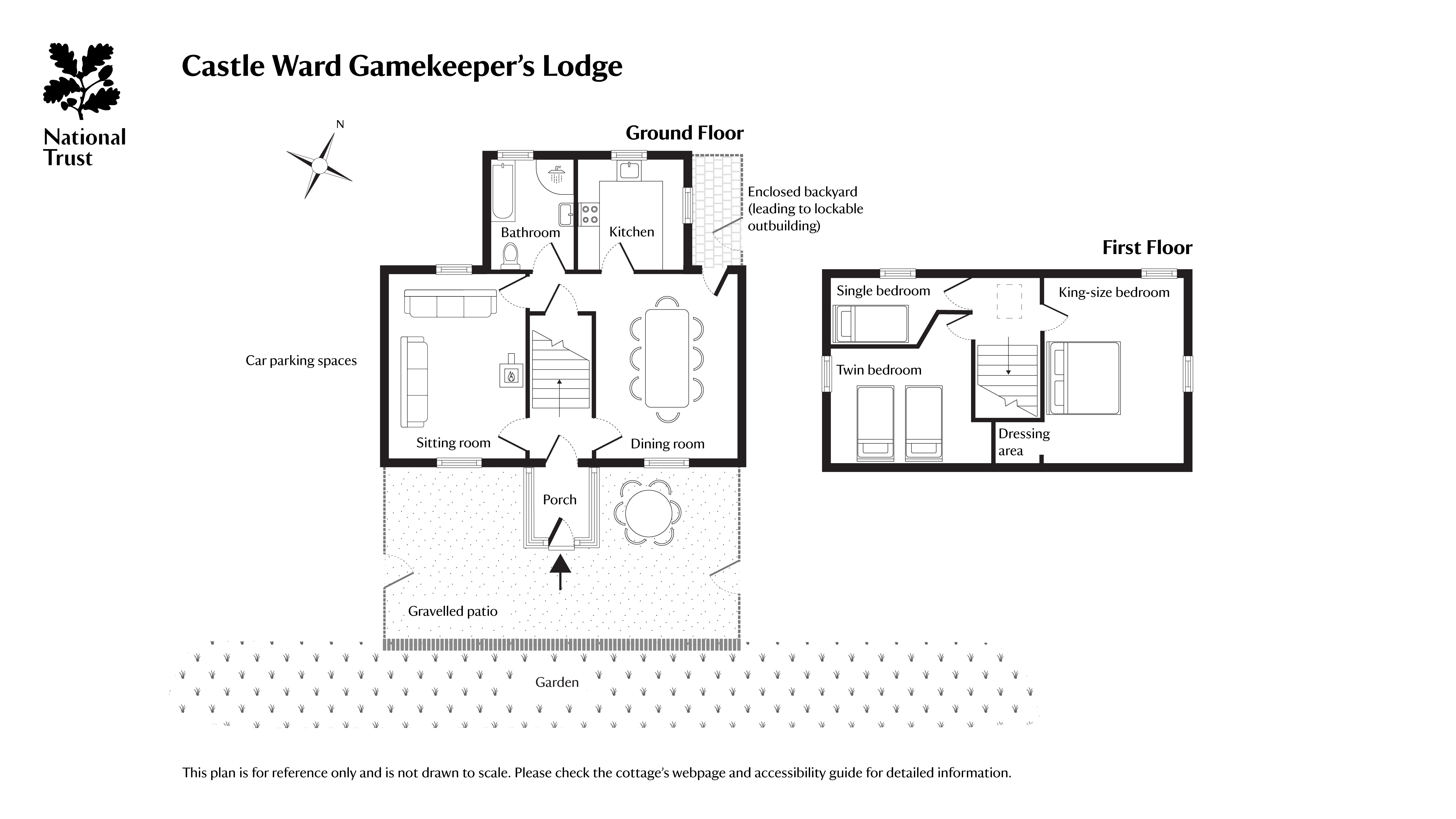 The floor plan for Castle Ward Gamekeeper's Cottage showing the ground floor with porch, sitting room, dining room, kitchen and bathroom, and the first floor with one king-size bedroom, one twin bedroom and one single bedroom.