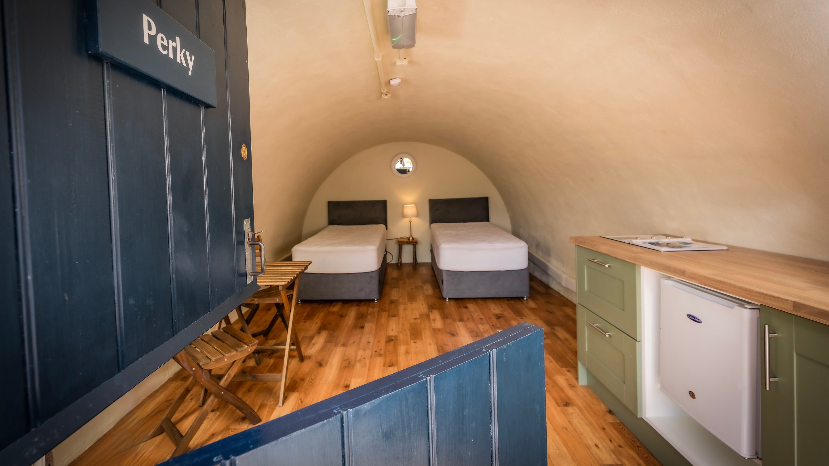 A view into one of the pods from its stable door at Crom Campsite, County Fermanagh