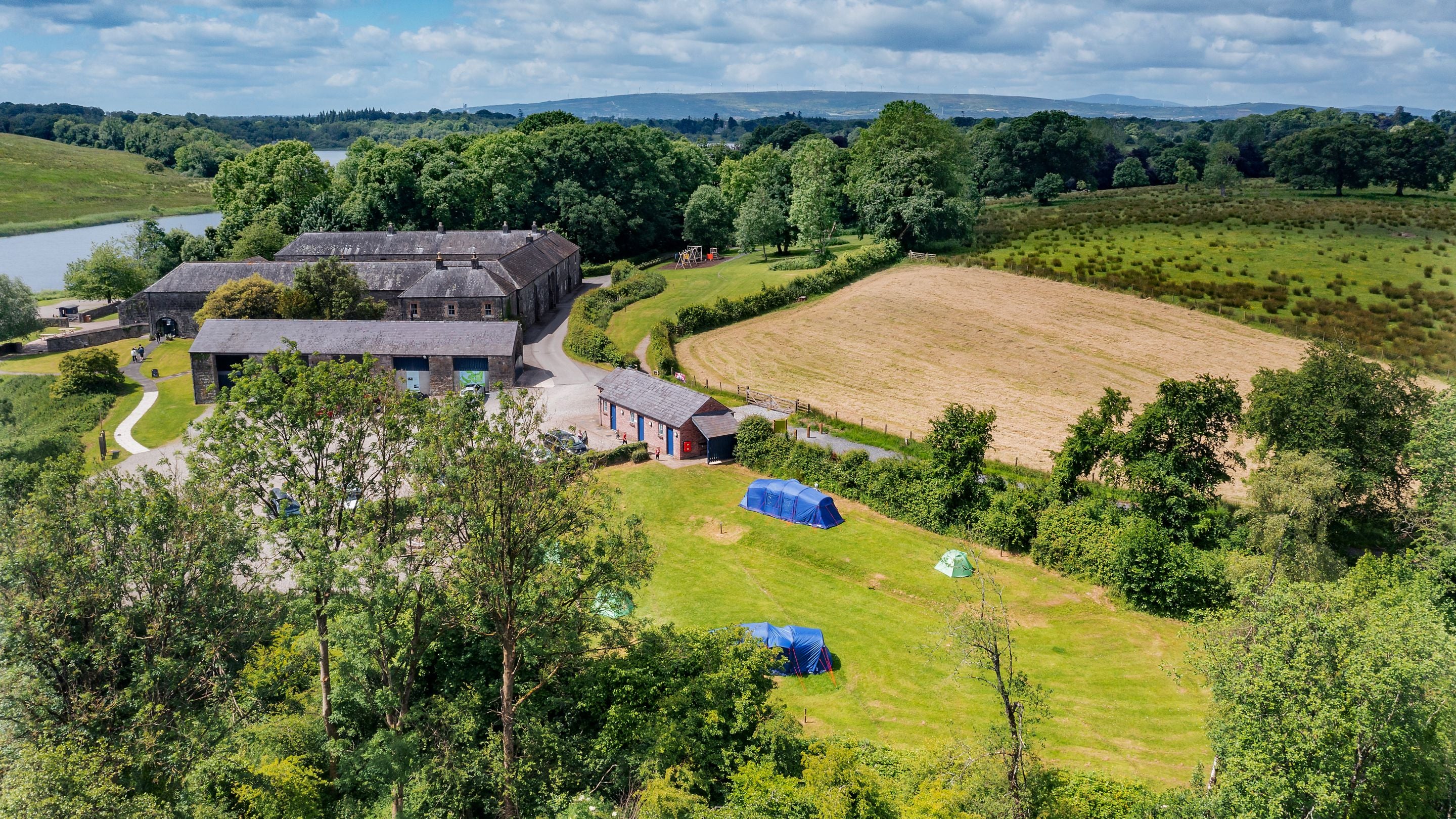 An aerial view of Crom Campsite and the surrounding fields, County Fermanagh