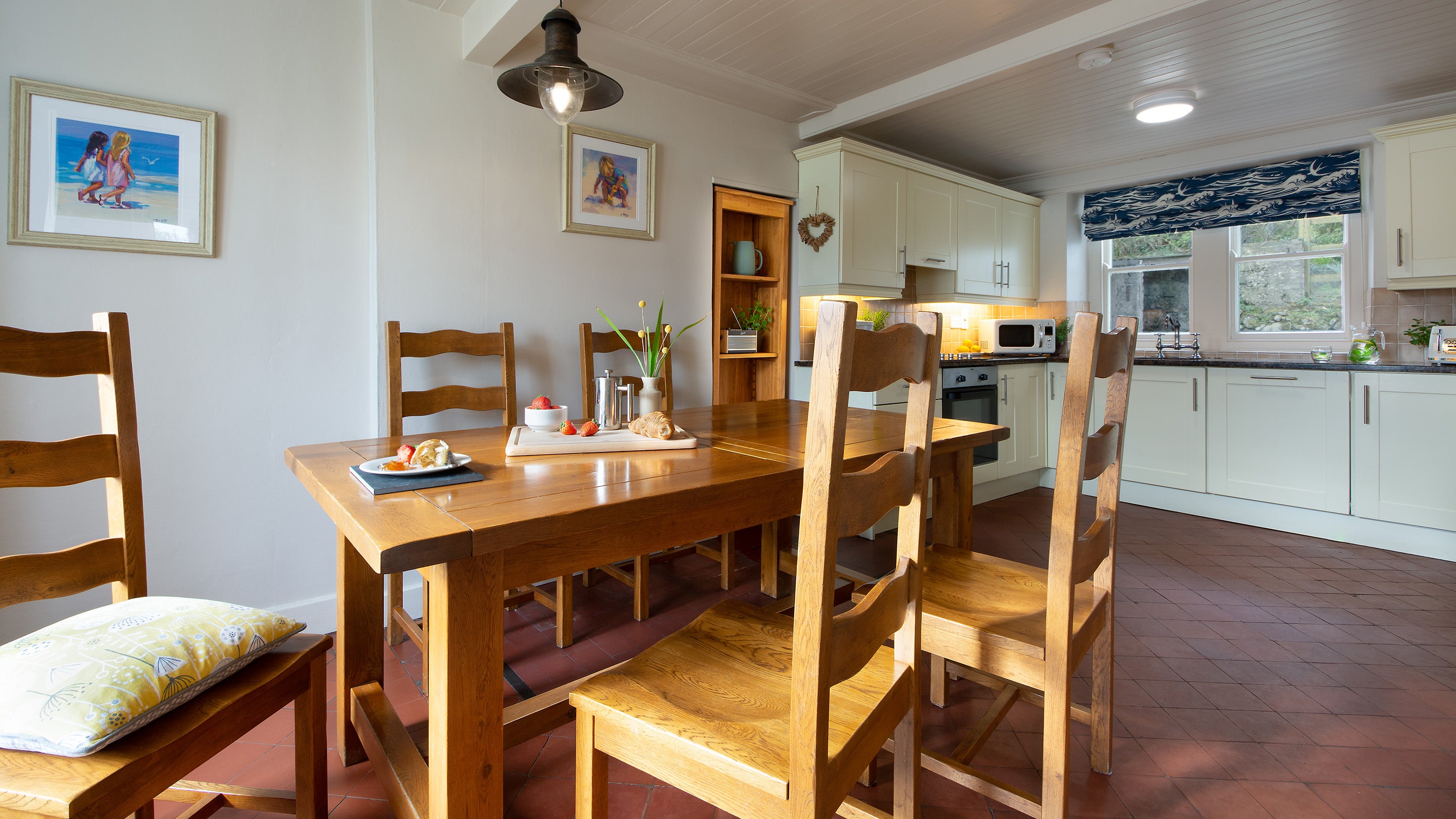 The open plan kitchen and dining room at Portbraddan Cottage, County Antrim