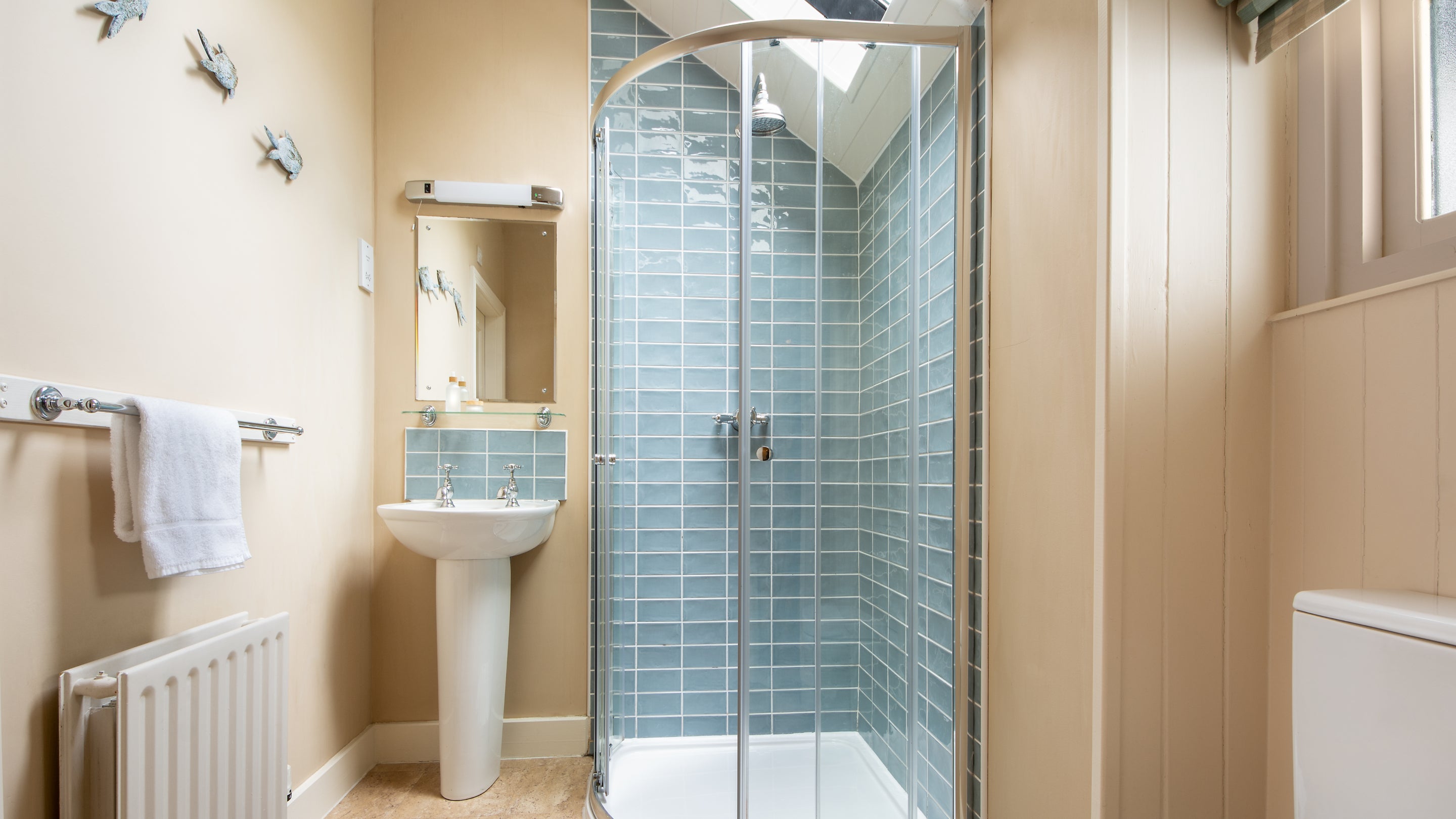 The en-suite shower room at Portbraddan Cottage, County Antrim