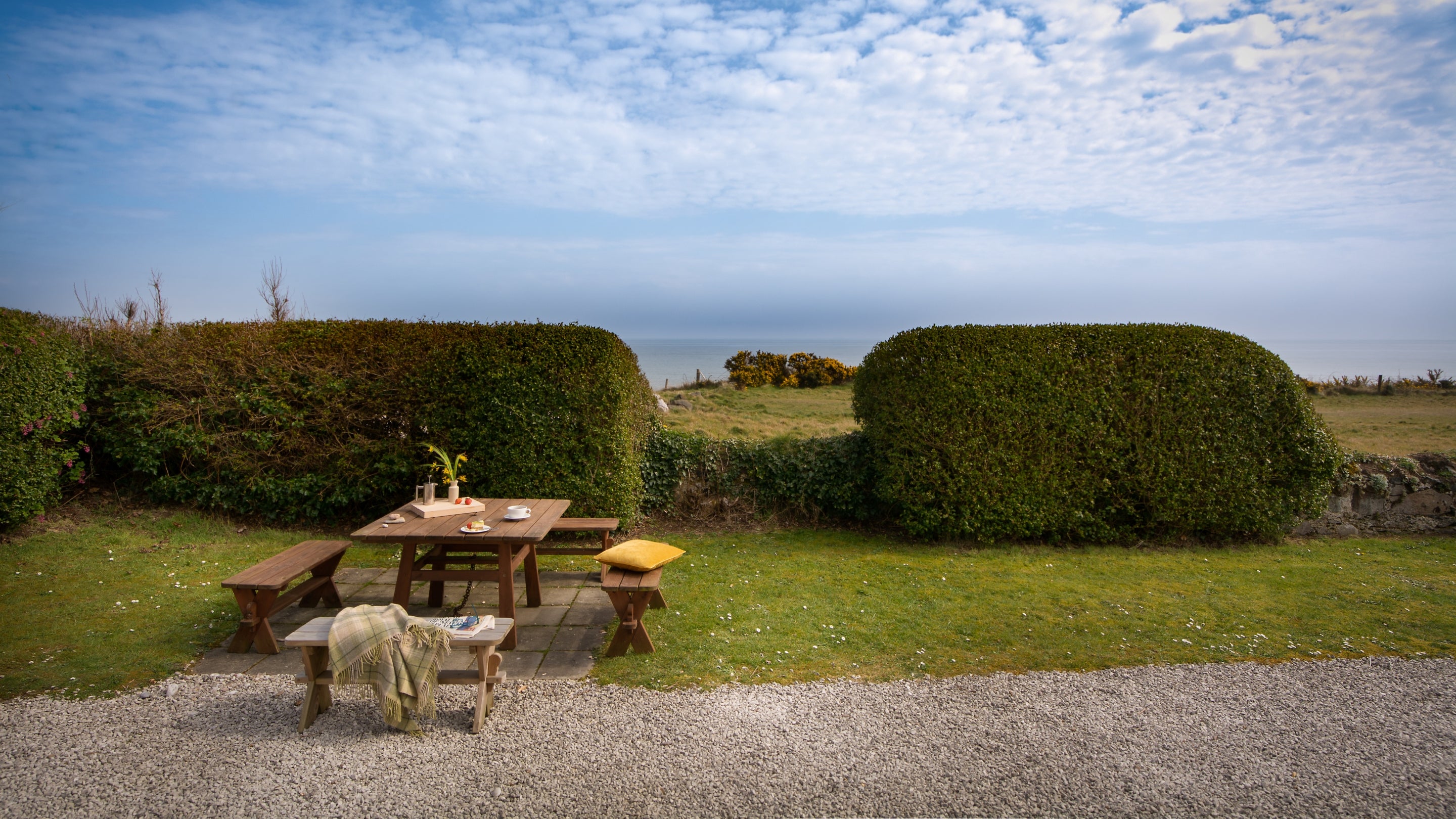 The outdoor seating area at Strand House, County Antrim