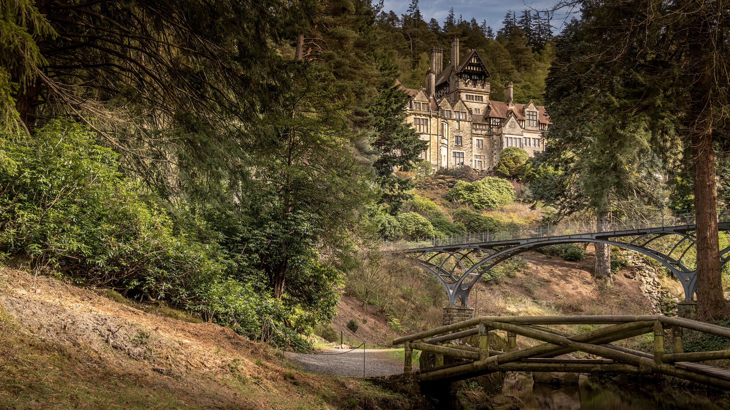 The Iron Bridge and Cragside House at Cragside, Northumberland