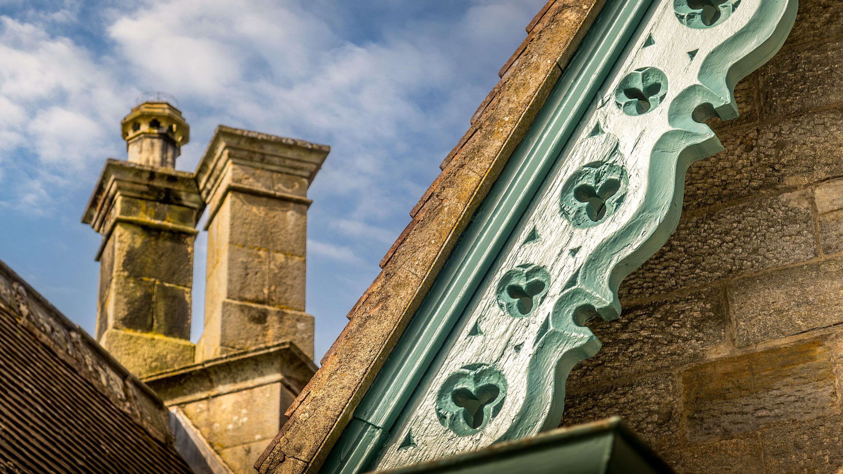 Original features on the gables of Cragside Garden Cottage, Northumberland