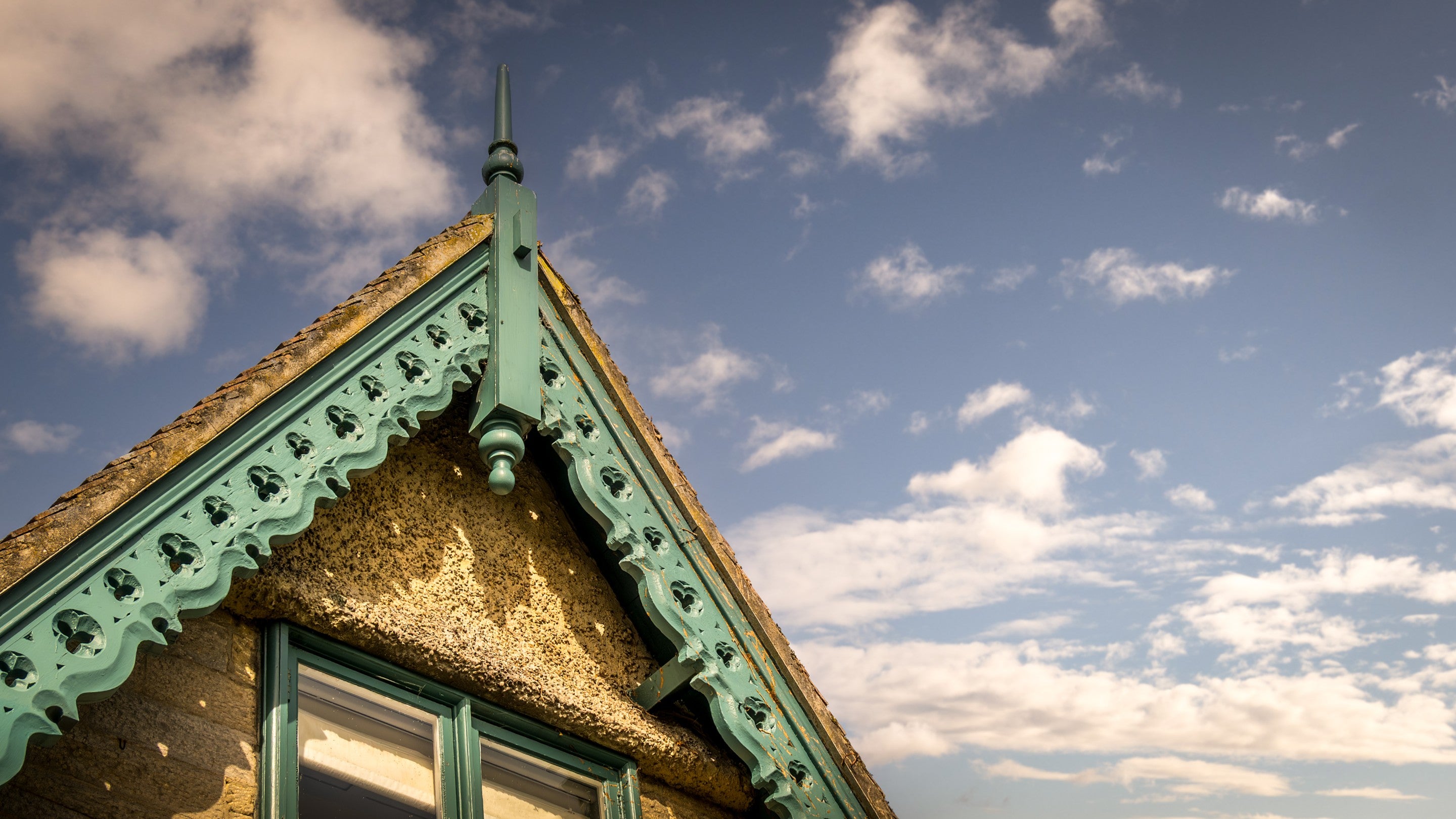 The decorative roof gable at Cragside Park Cottage, Northumberland