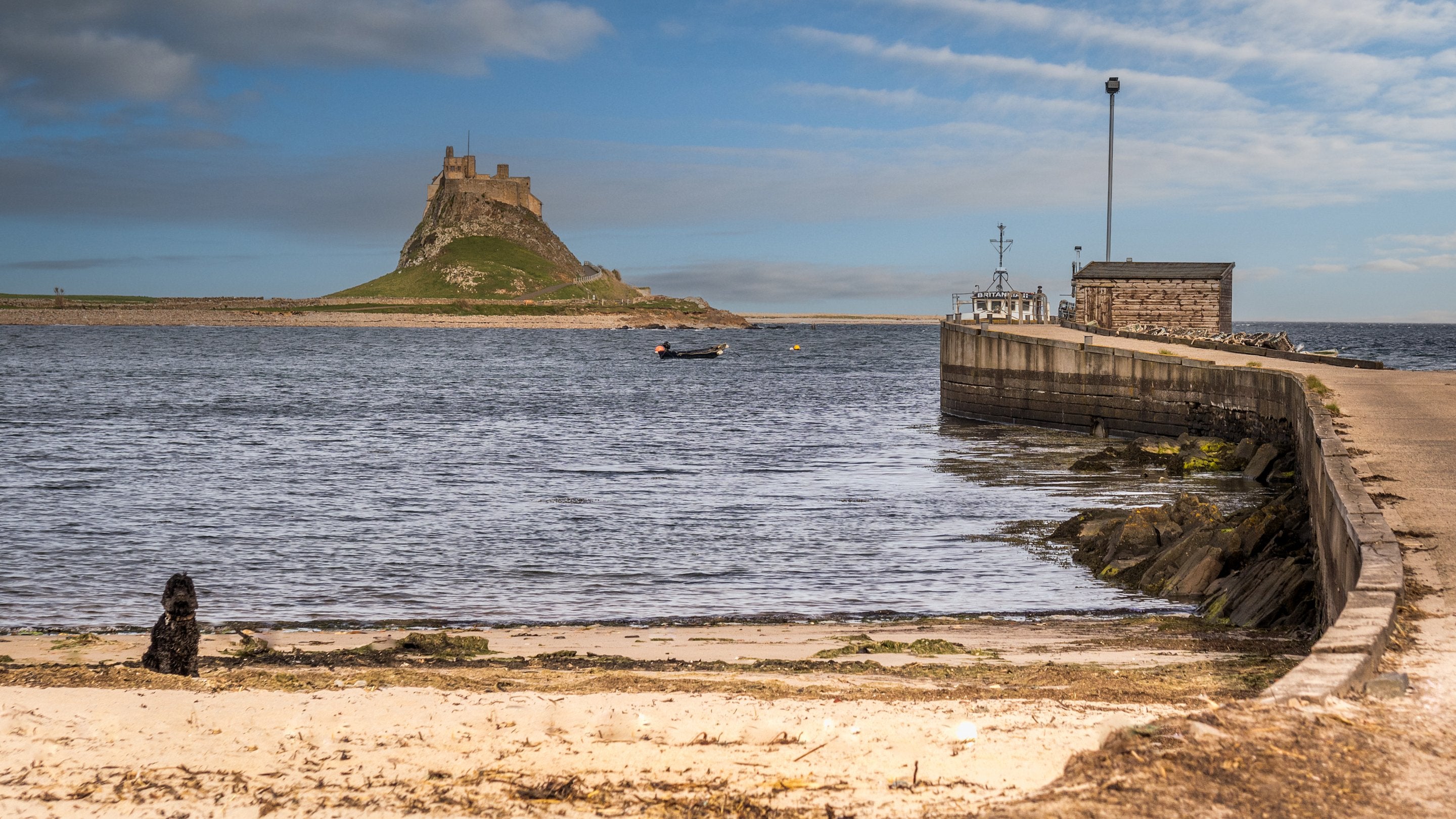 Looking towards Lindisfarne Castle from Holy Island beach and Lindisfarne Harbour, near Glen House, Northumberland