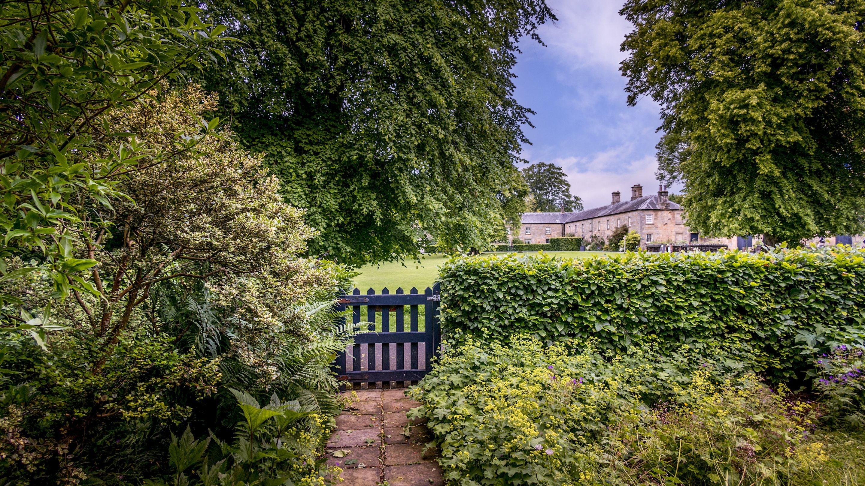 The gate in the front garden opens onto the Wallington estate, Northumberland