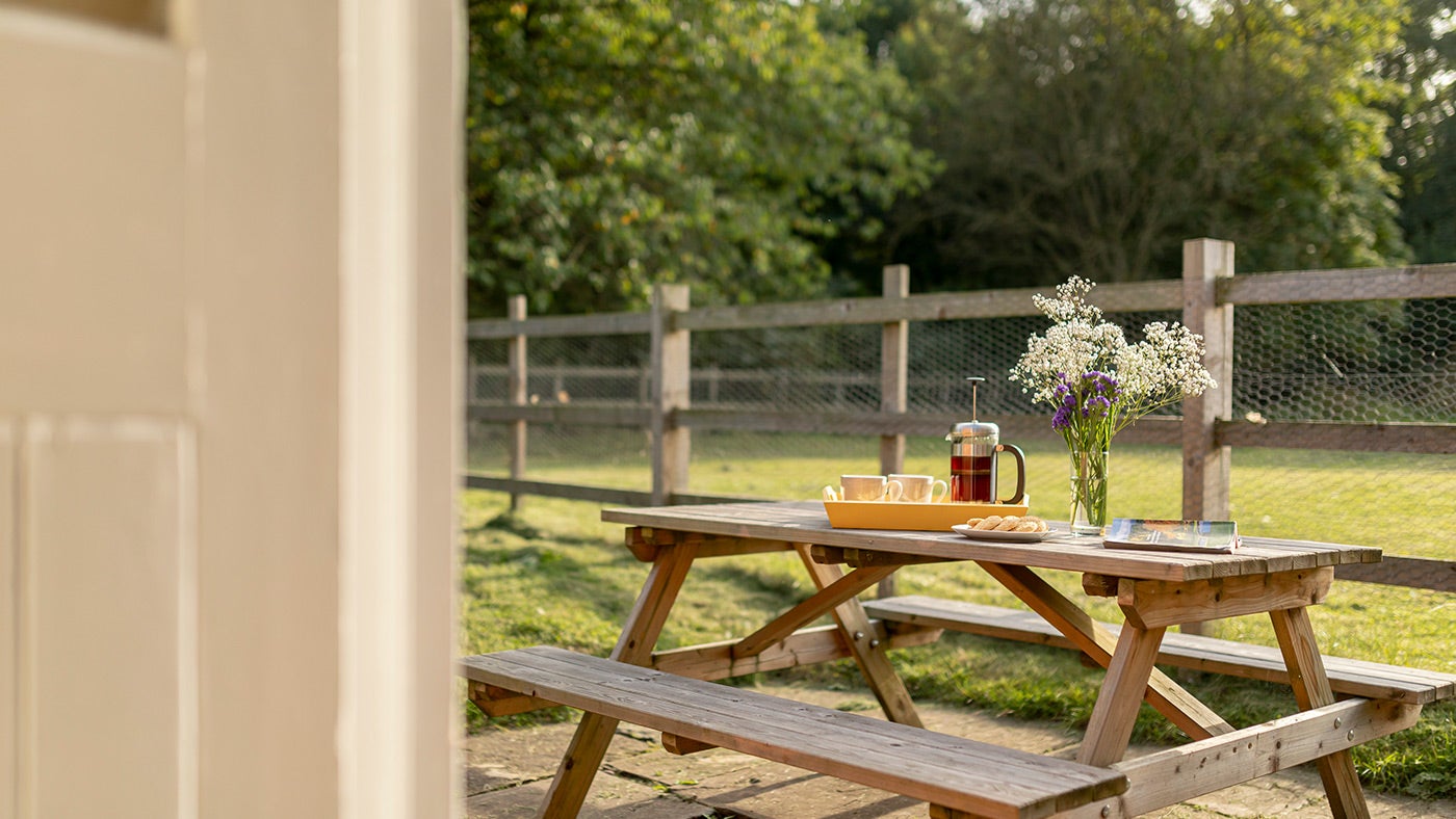 The outdoor seating area at Carburton Lodge South, Nottinghamshire