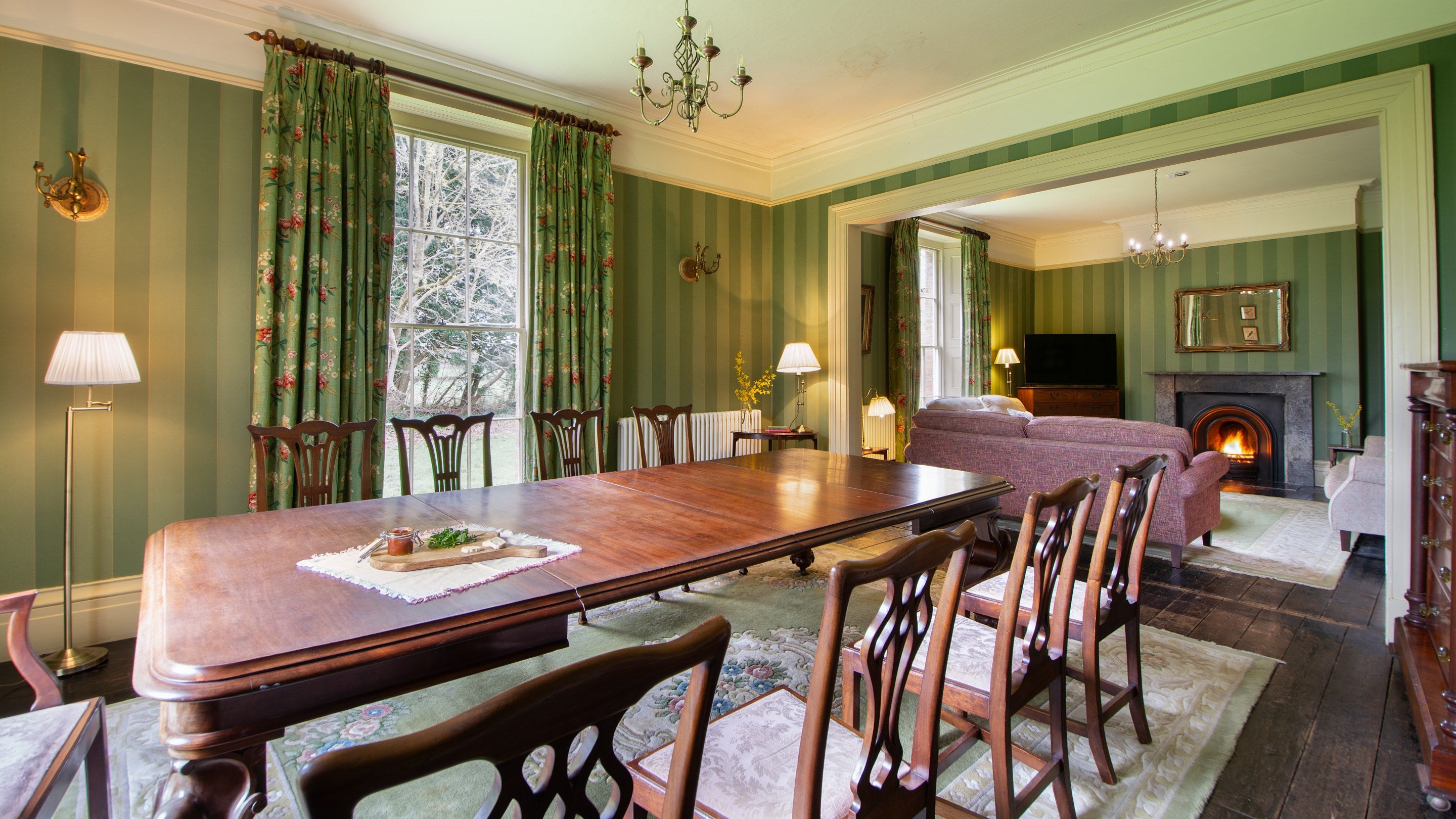 The sitting and dining room at Gunby Old Rectory, Lincolnshire