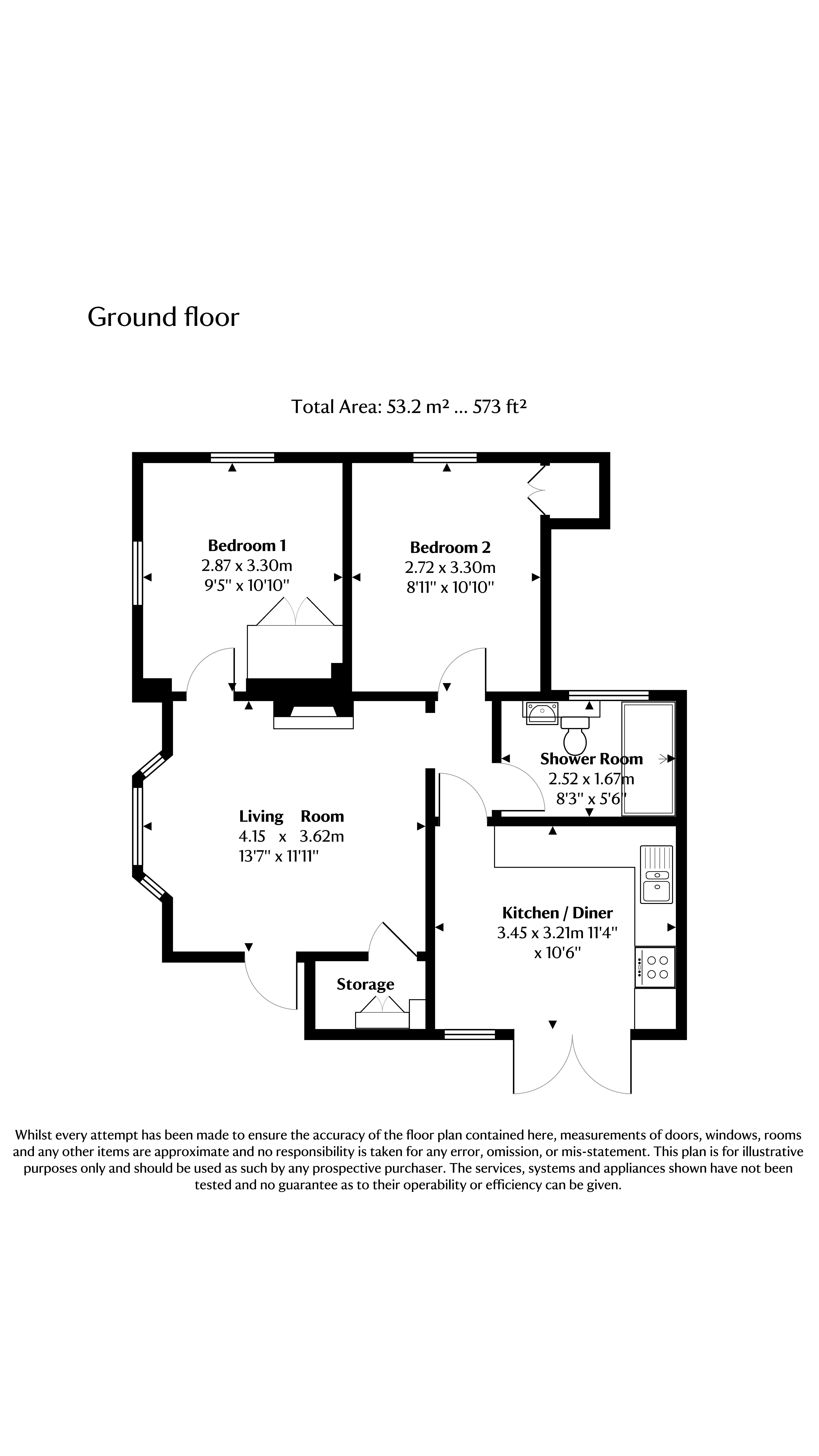 The floor plan for Cliveden Ferry Cottage showing the ground floor with kitchen-diner, shower room, sitting room and two bedrooms